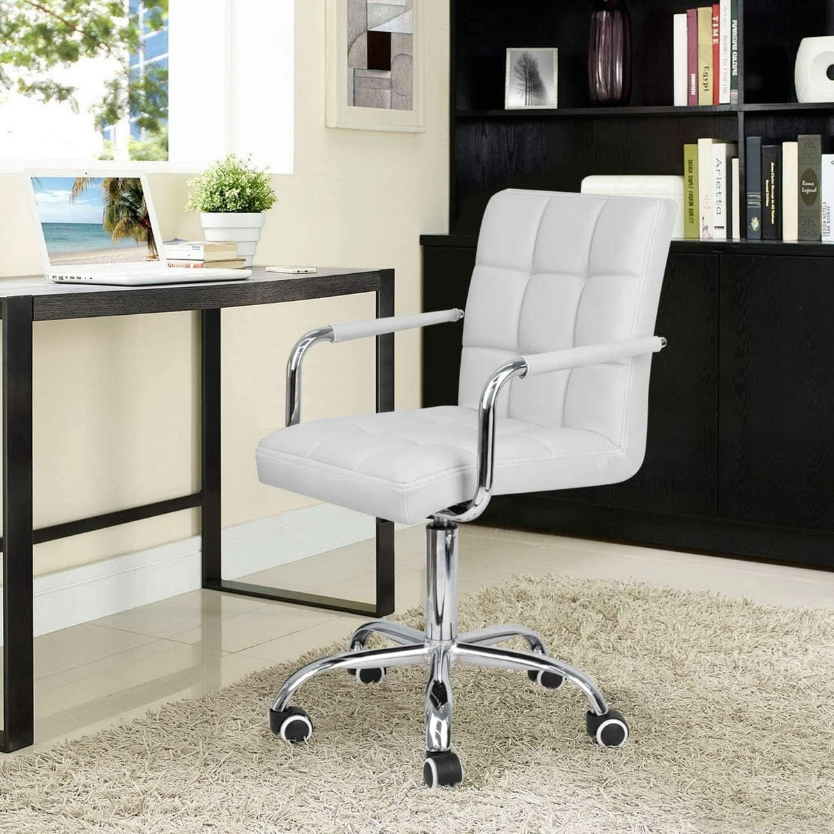White PU Leather Desk Chair With Wheels Mid Back Office Chair