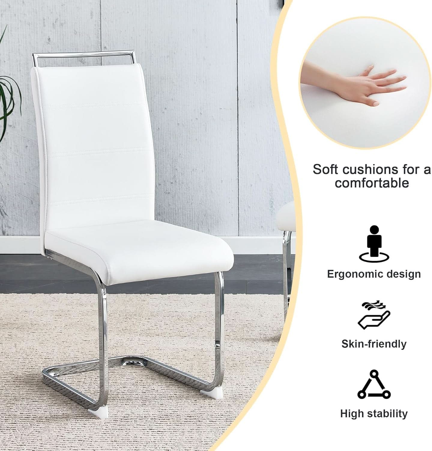 White PU Leather Dining Chair Set High Back Upholstered