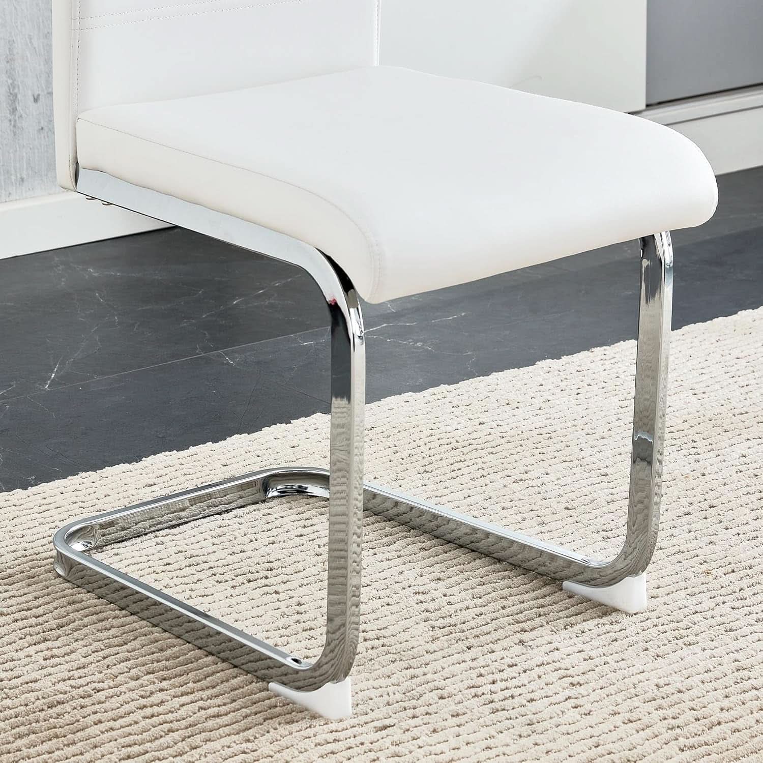 White PU Leather Dining Chair Set High Back Upholstered