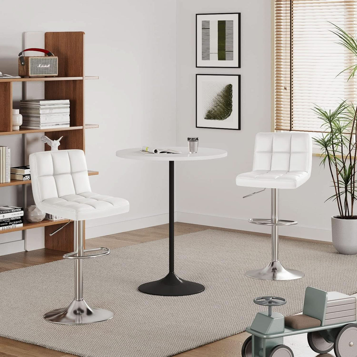 White PU Leather Swivel Bar Stool Set Of 2 Adjustable Height