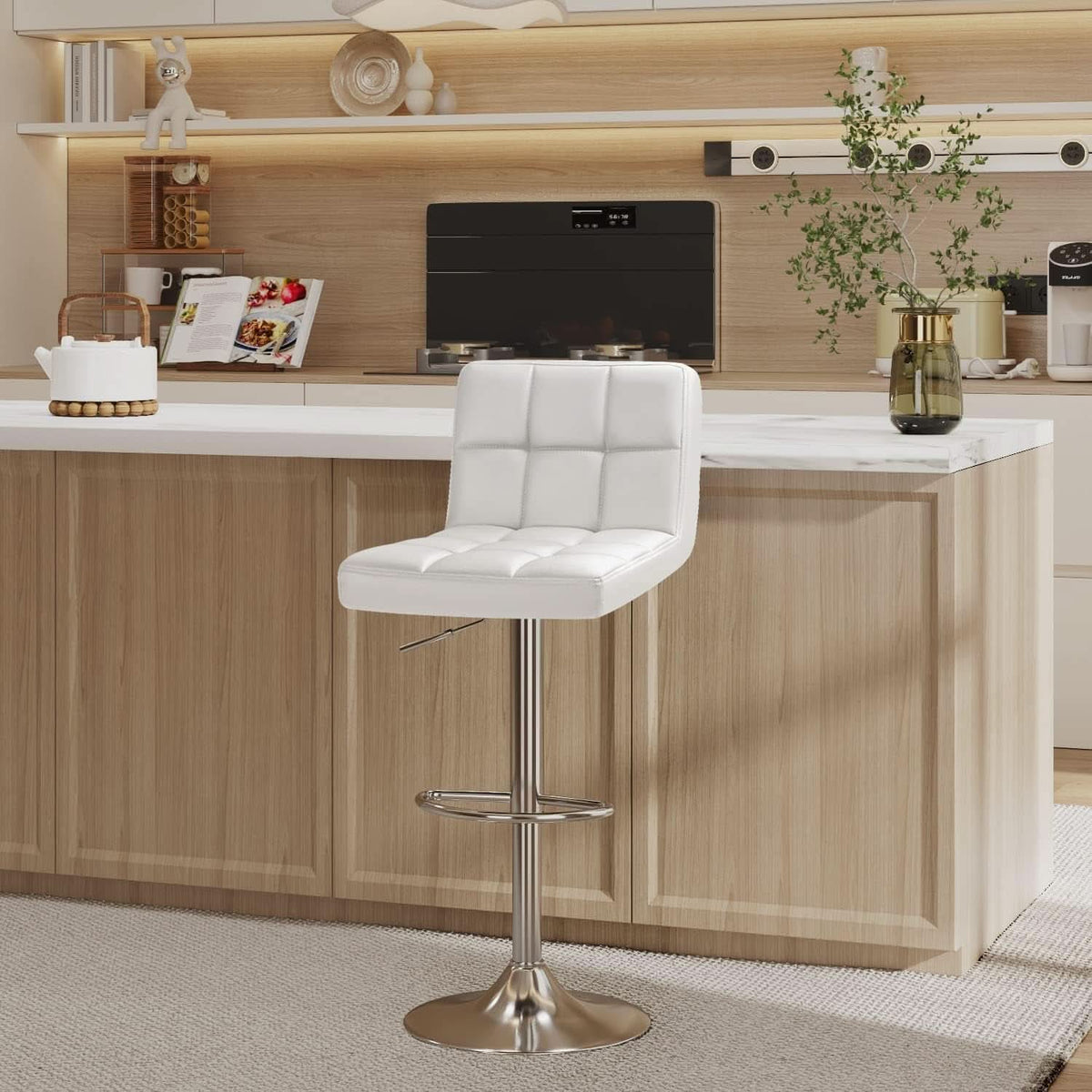 White PU Leather Swivel Bar Stool Set Of 2 Adjustable Height