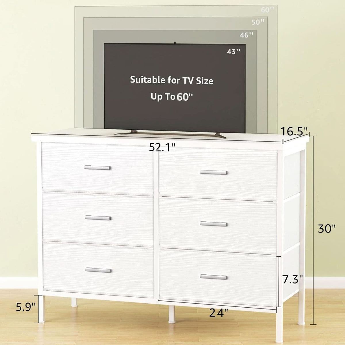 White Premium Fabric Dresser With Six Drawers And Wood Top