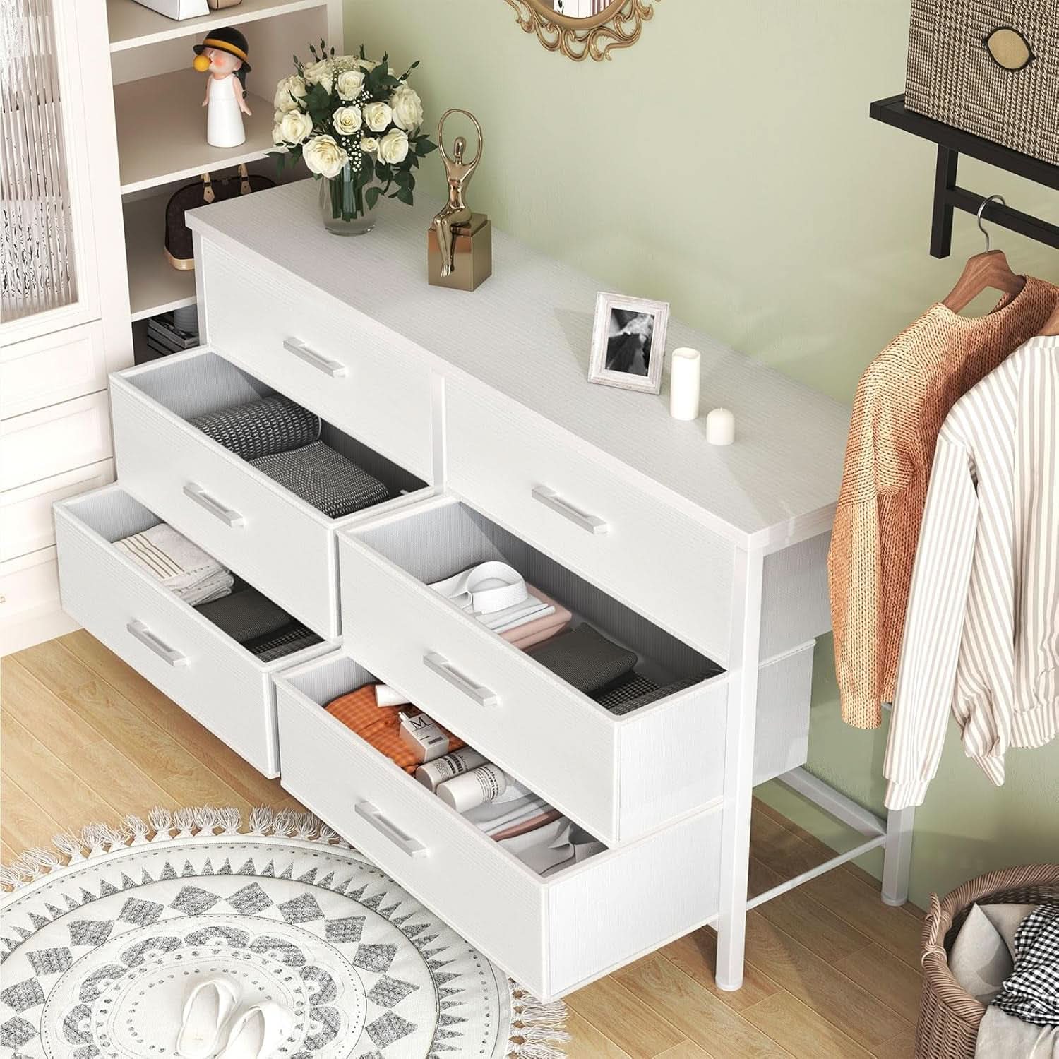 White Premium Fabric Dresser With Six Drawers And Wood Top