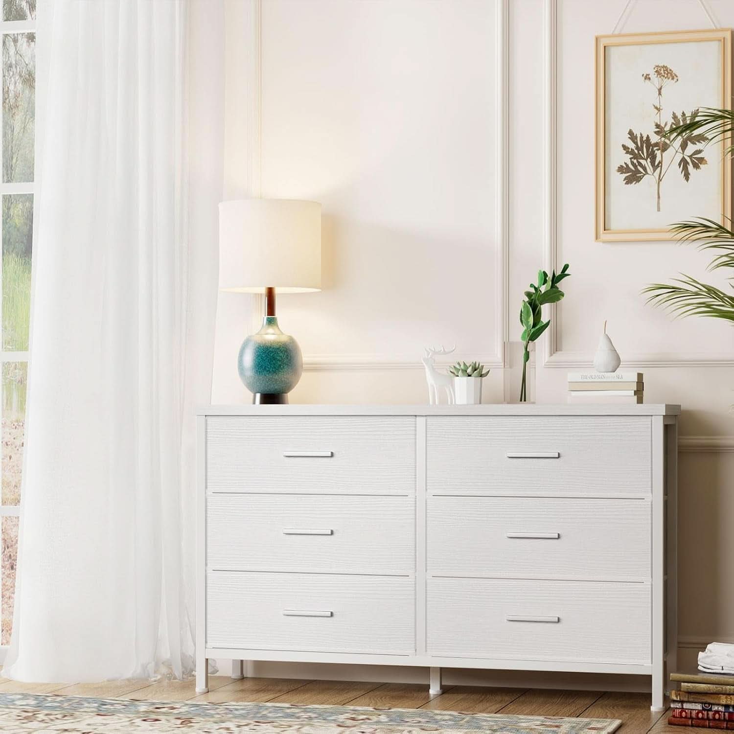 White Premium Fabric Dresser With Six Drawers And Wood Top