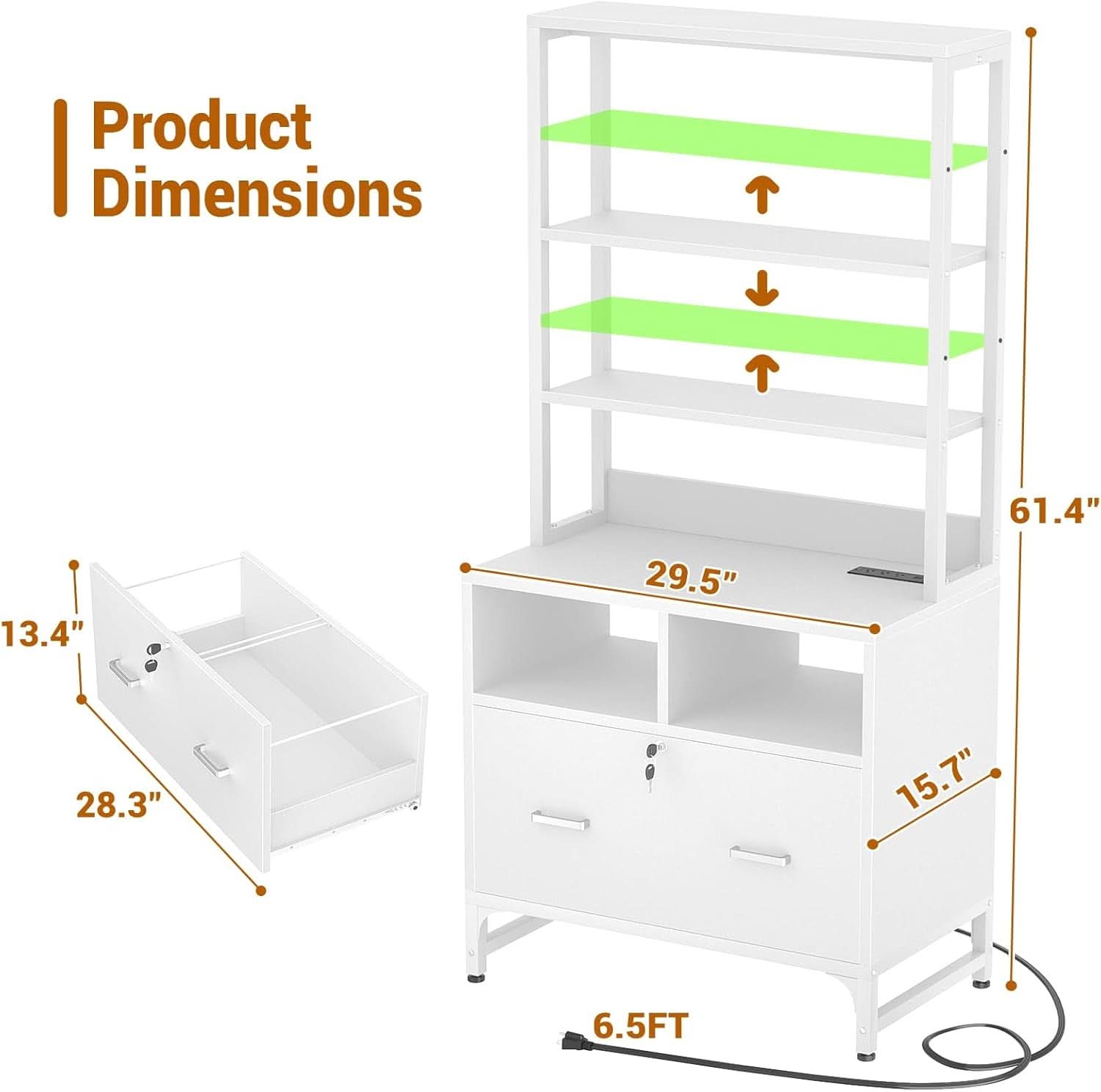 White Printer Stand With Locking File Cabinet And Charging Station
