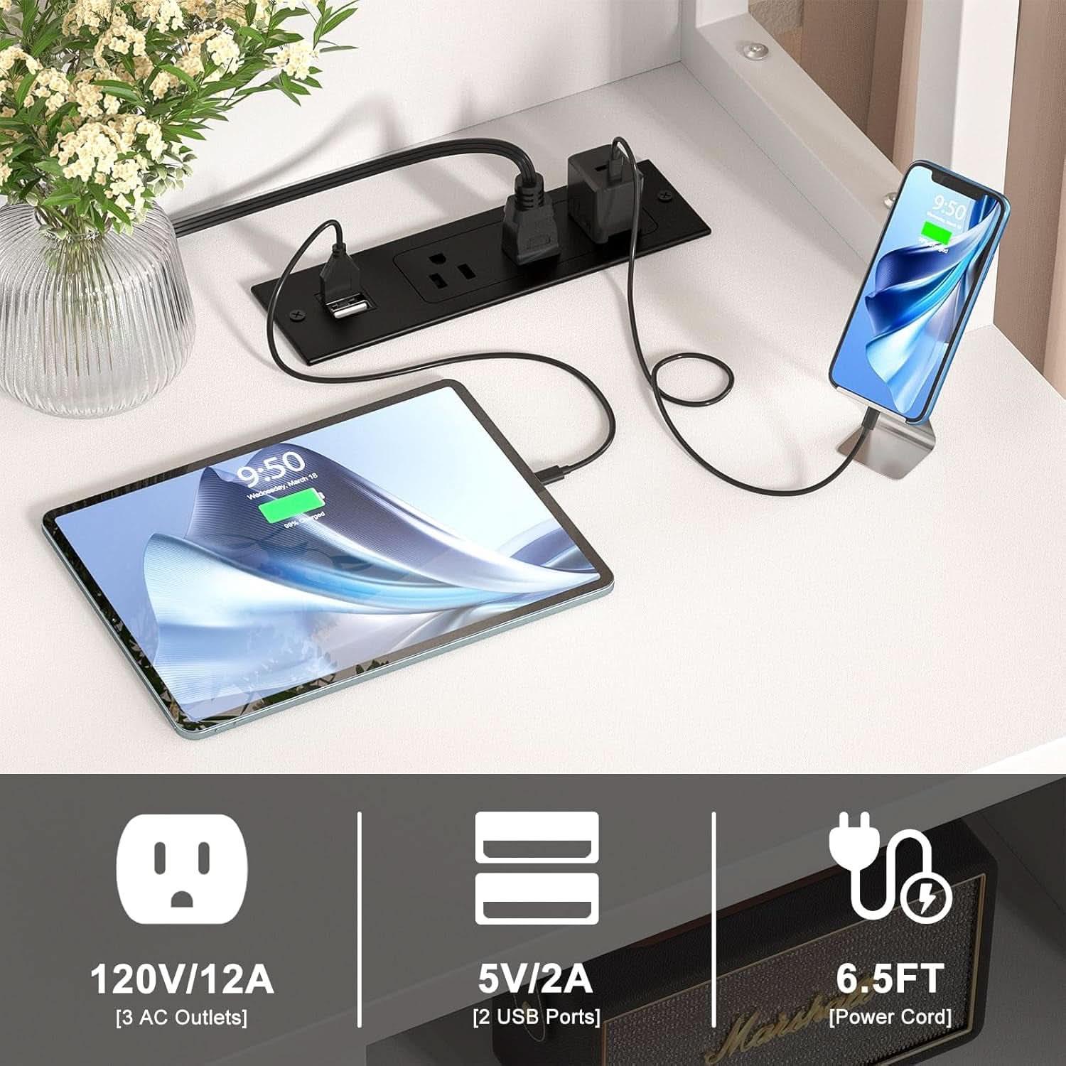 White Printer Stand With Locking File Cabinet And Charging Station