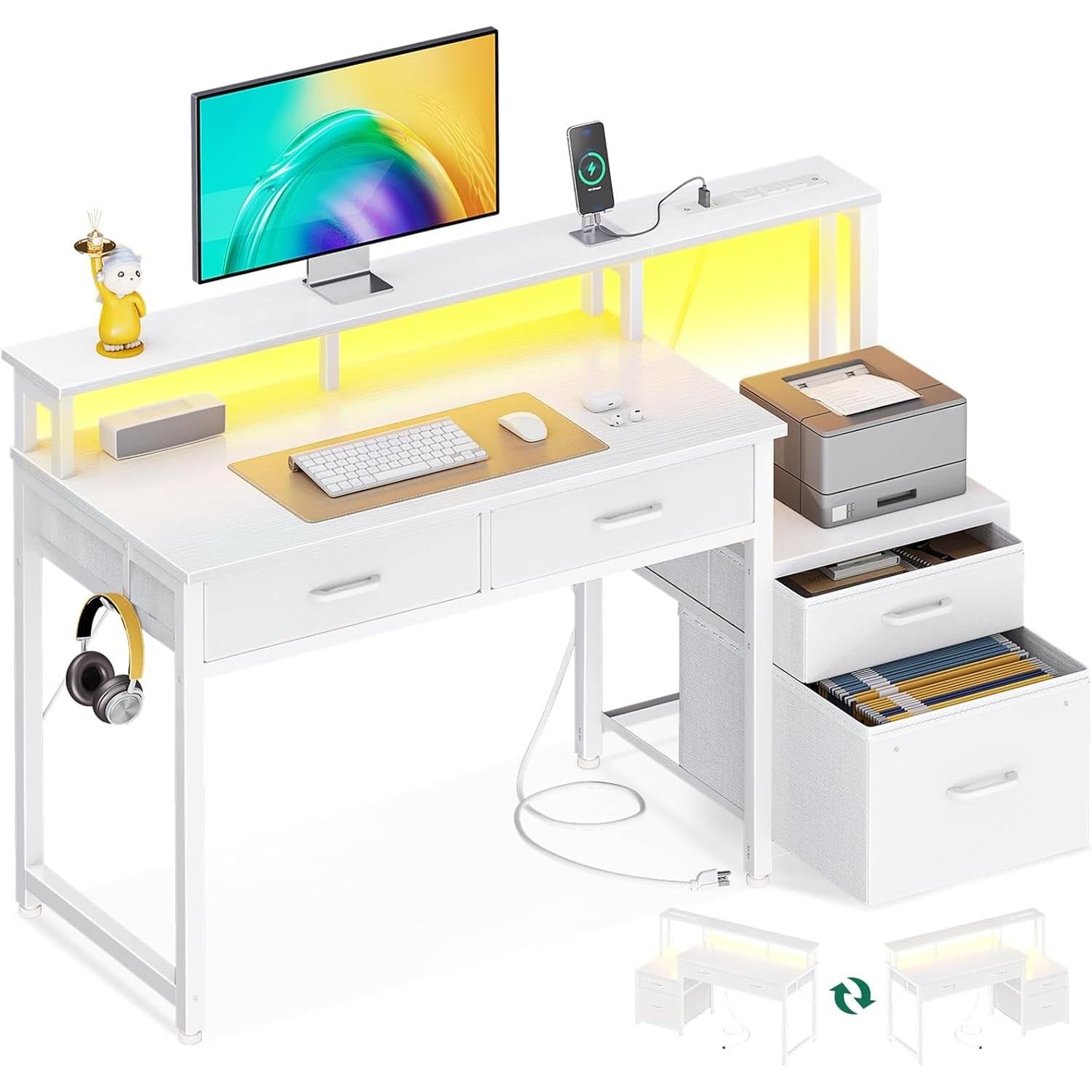 White Reversible Desk With LED Lighting For Home Office