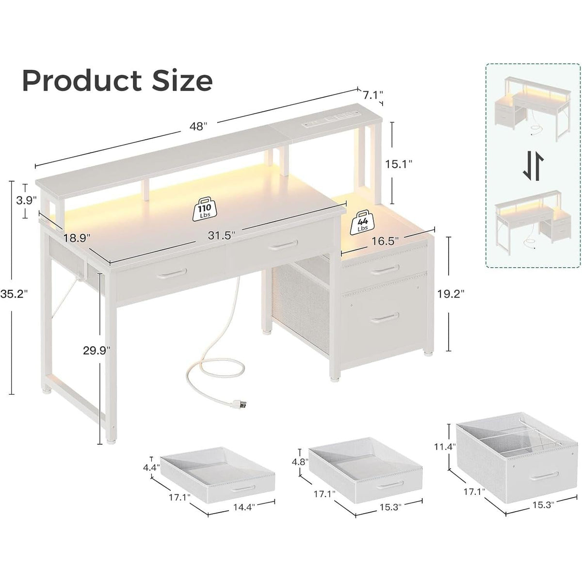 White Reversible Desk With LED Lighting For Home Office