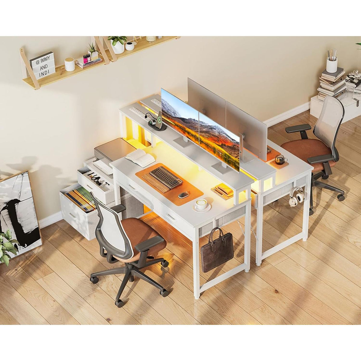 White Reversible Desk With LED Lighting For Home Office