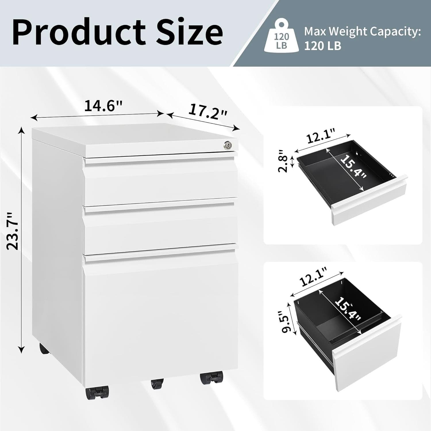 White Rolling File Cabinet With Lock Office Storage