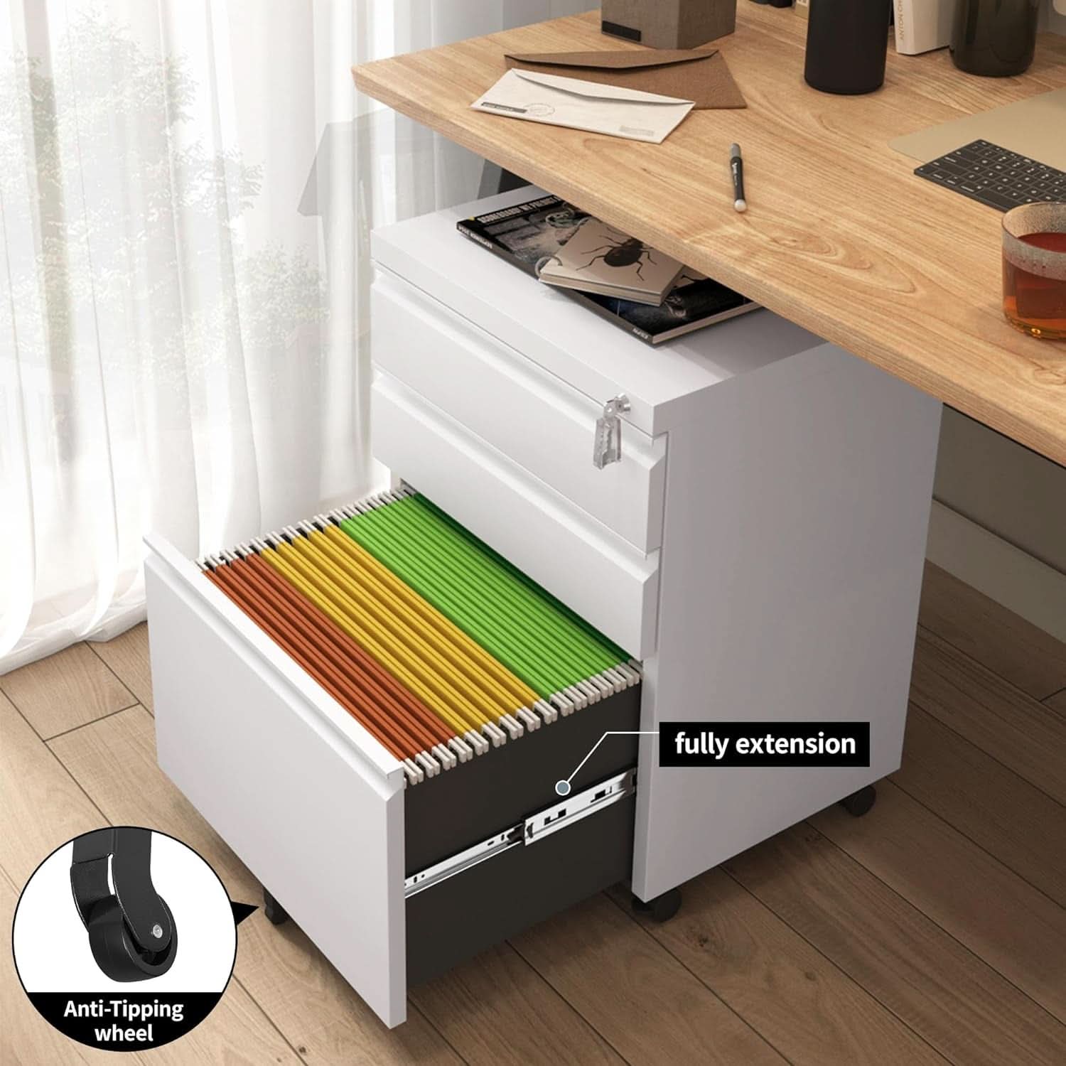 White Rolling File Cabinet With Lock Office Storage
