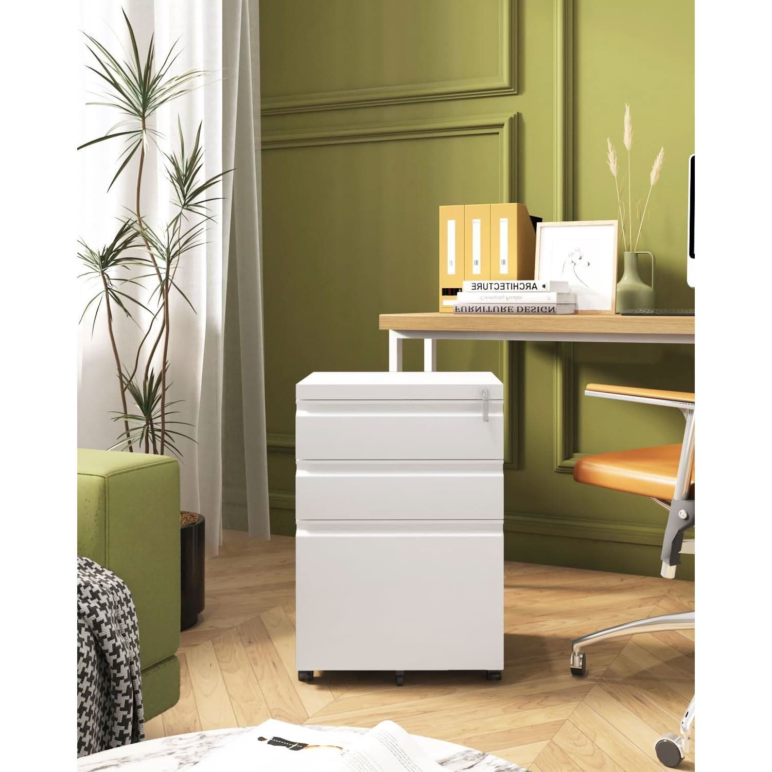White Rolling File Cabinet With Lock Office Storage
