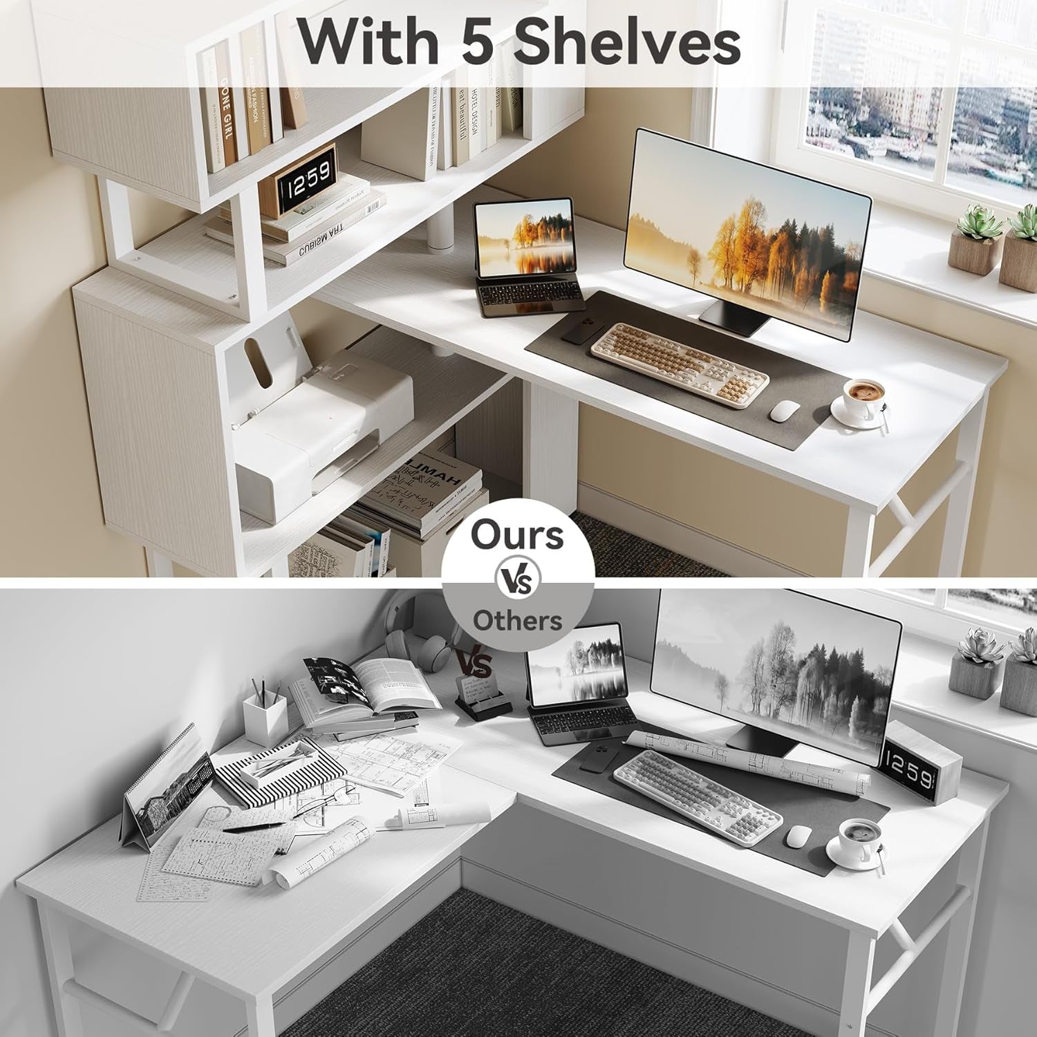 White Rotating L Shaped Desk with Bookshelf Storage