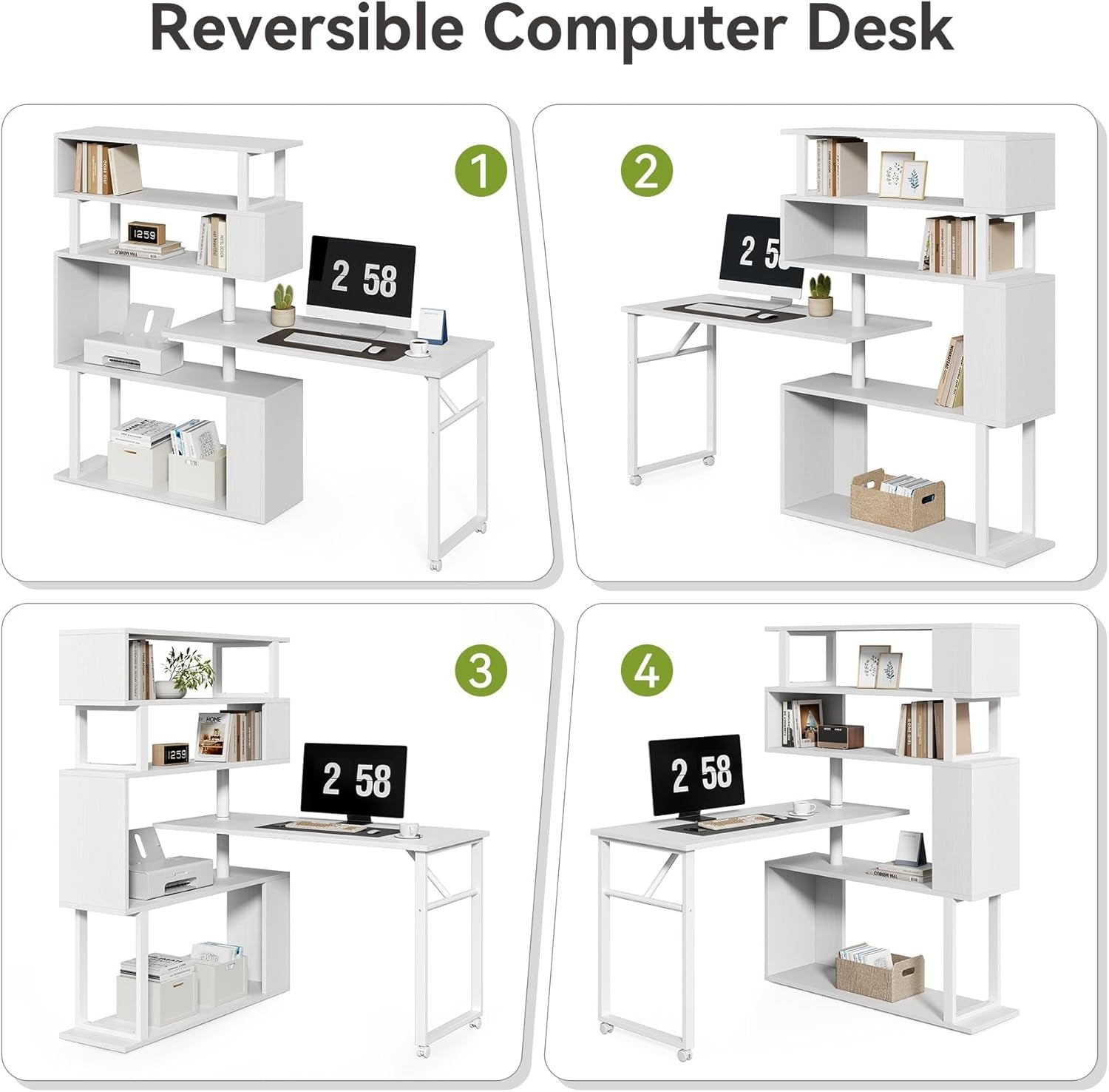 White Rotating L Shaped Desk with Bookshelf Storage