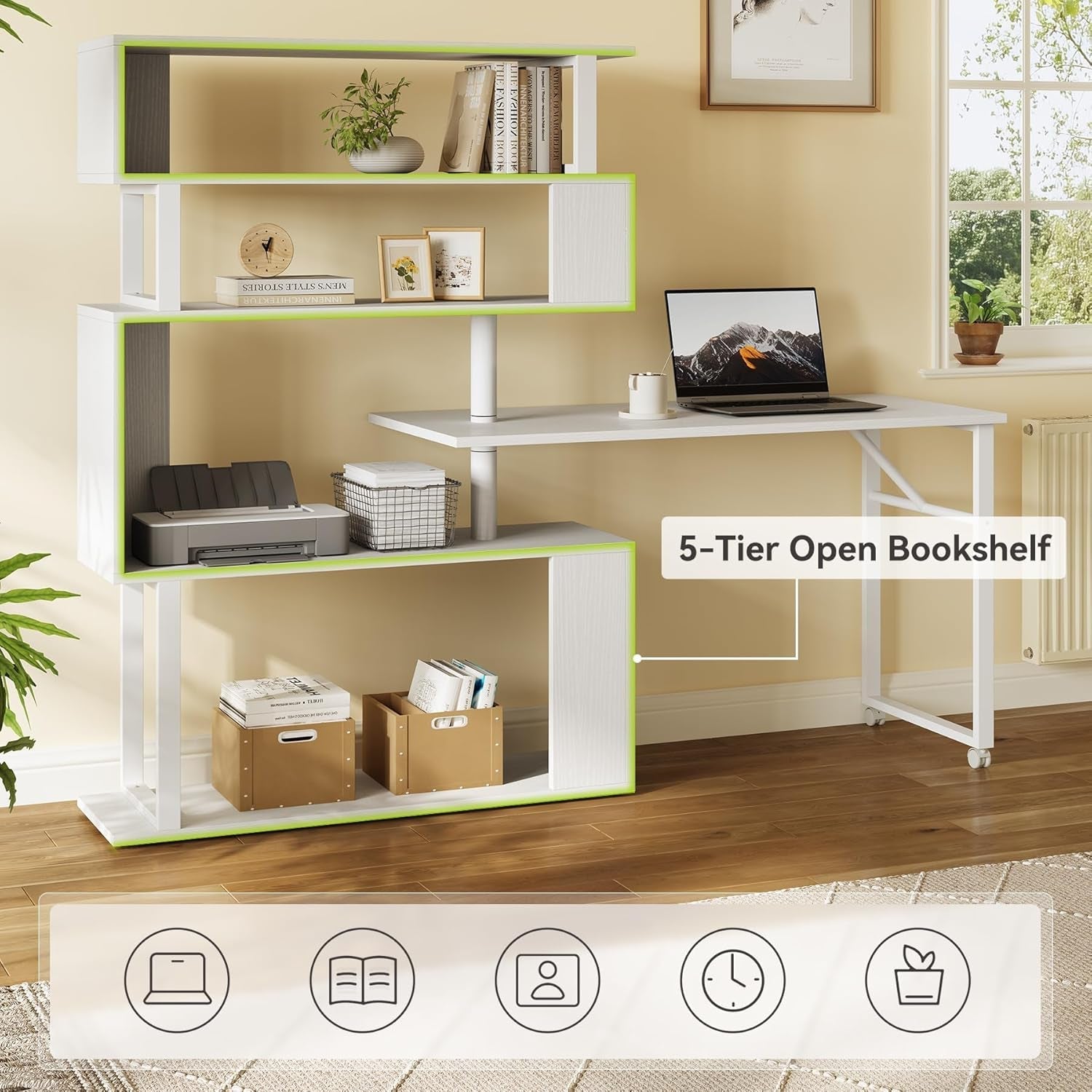 White Rotating L Shaped Desk with Bookshelf Storage
