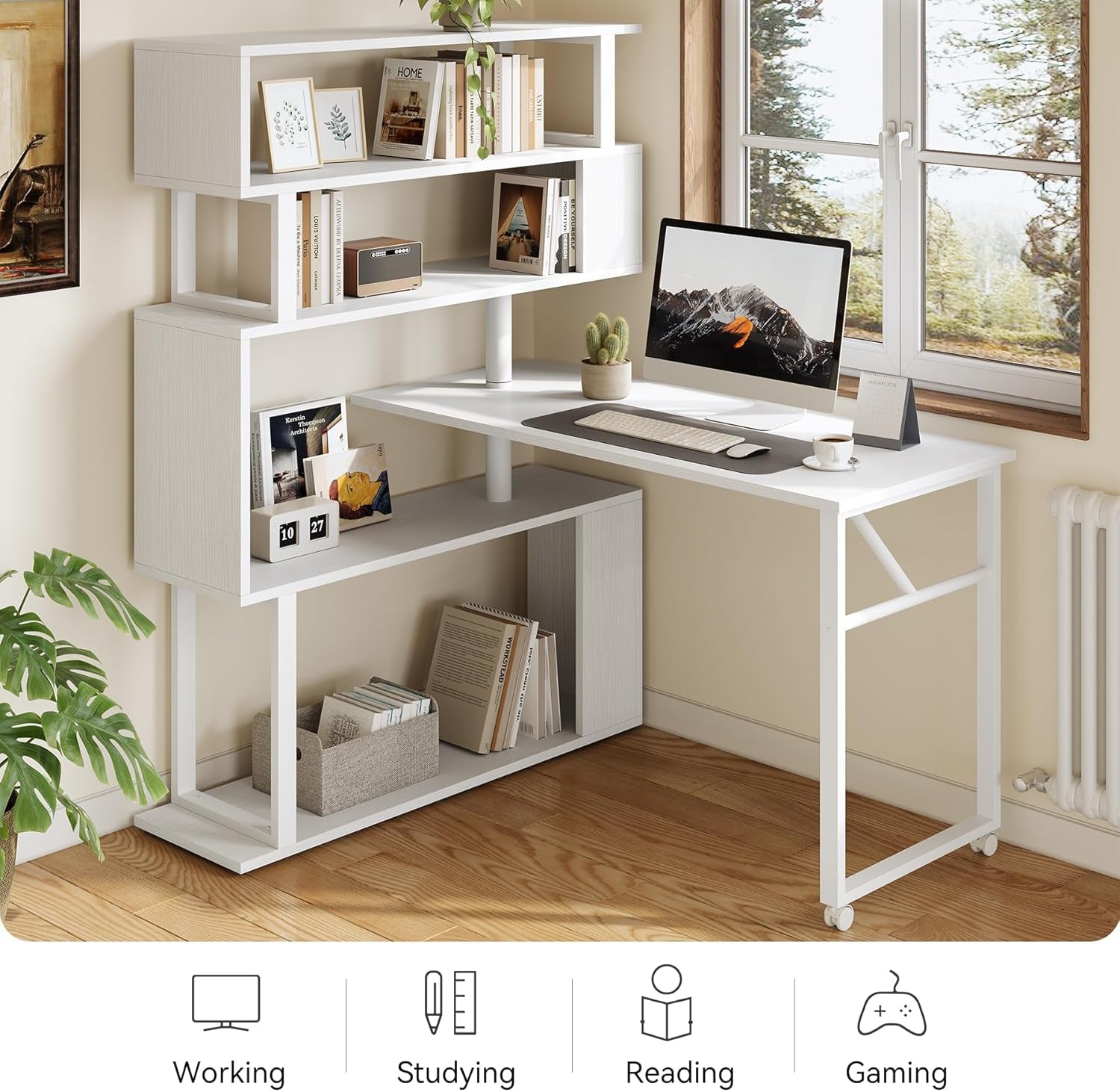 White Rotating L Shaped Desk with Bookshelf Storage