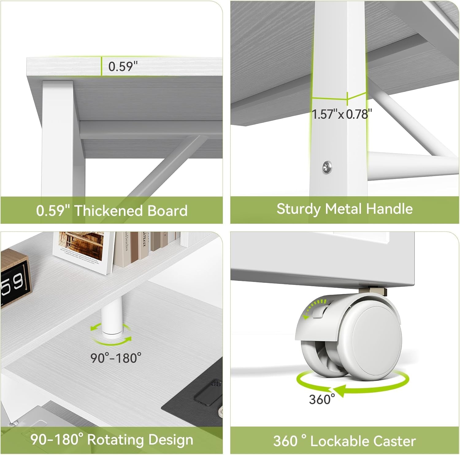 White Rotating L Shaped Desk with Bookshelf Storage