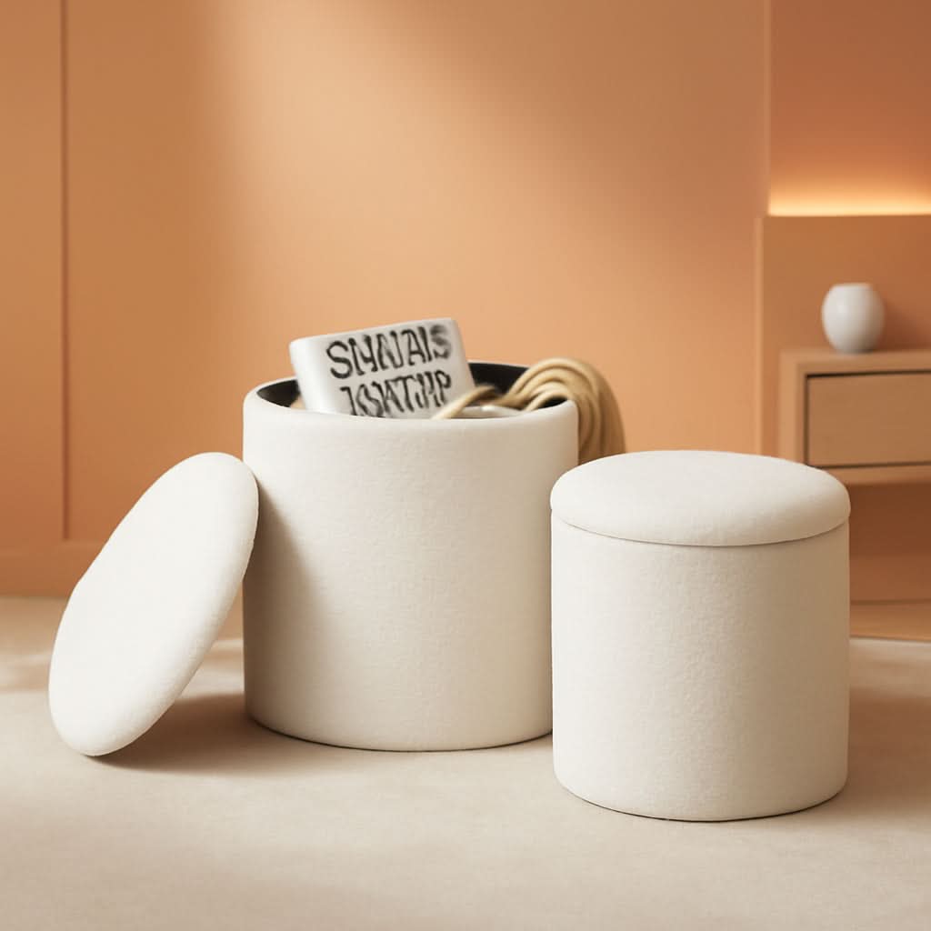White Round Boucle Velvet Upholstered Storage Ottoman