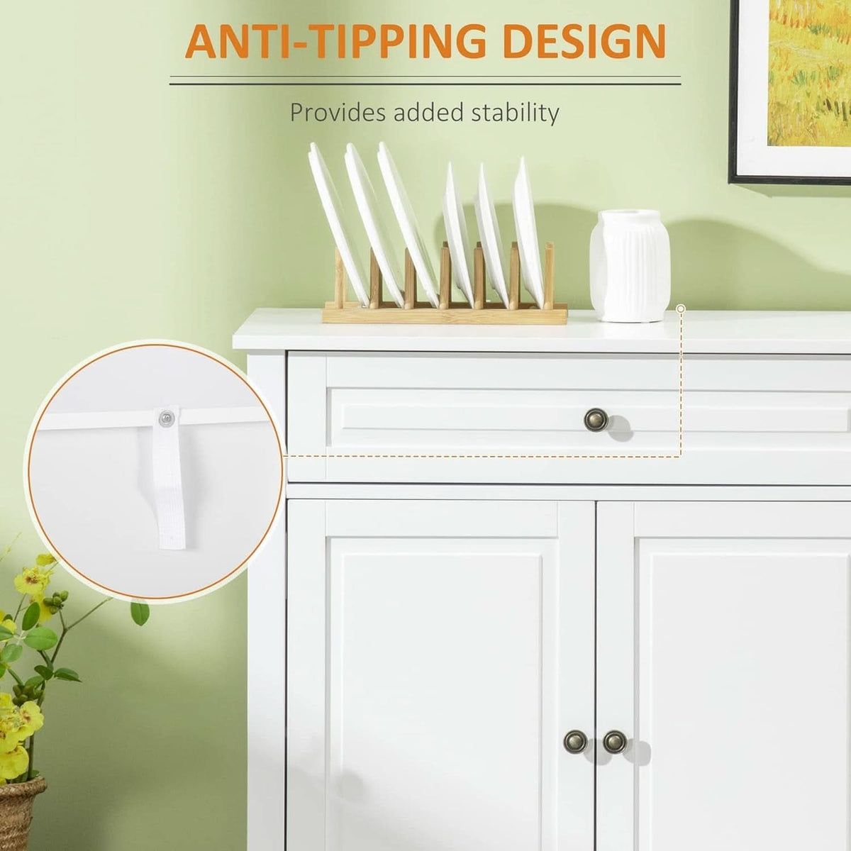 White Sideboard Buffet Cabinet With 2 Drawers And Shelves
