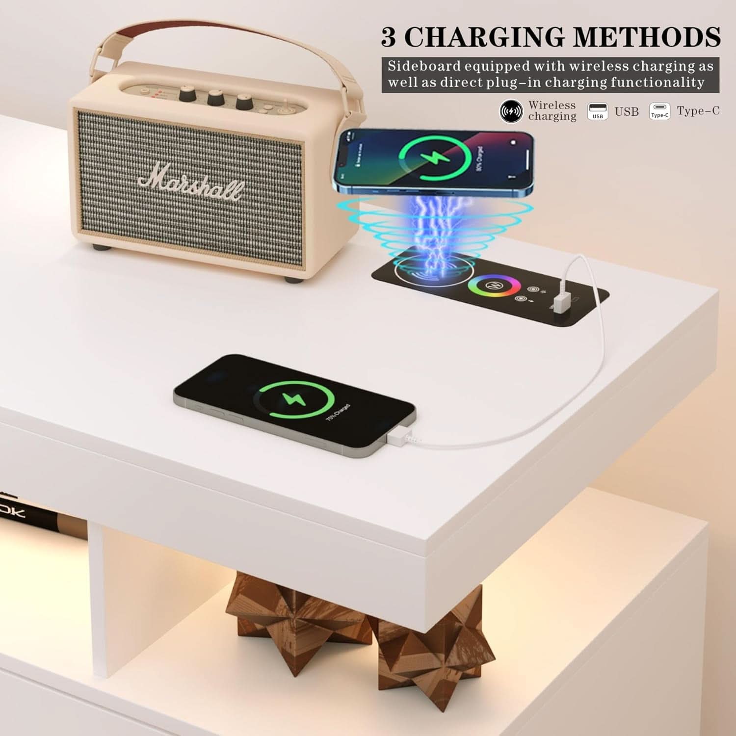 White Sideboard Buffet Cabinet With Charging Station