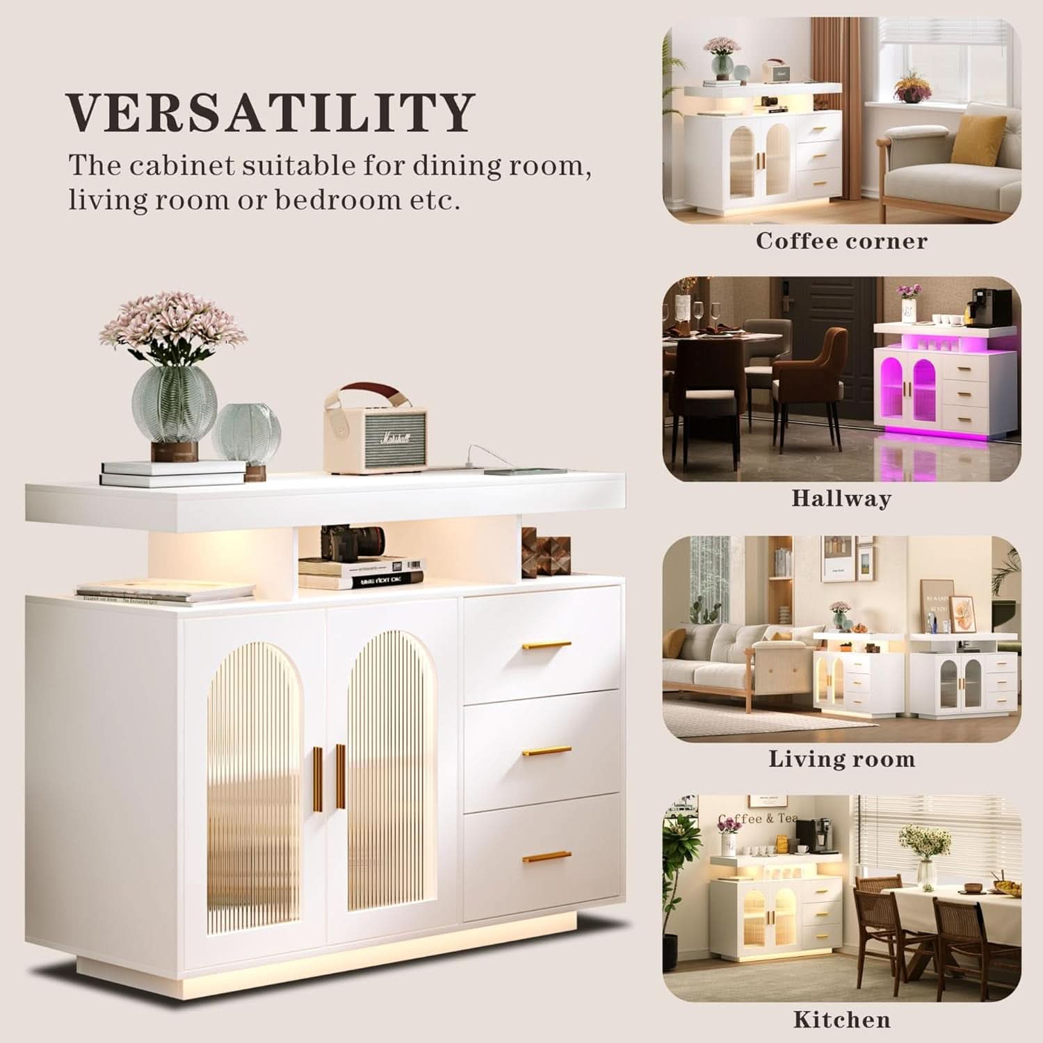 White Sideboard Buffet Cabinet With Charging Station