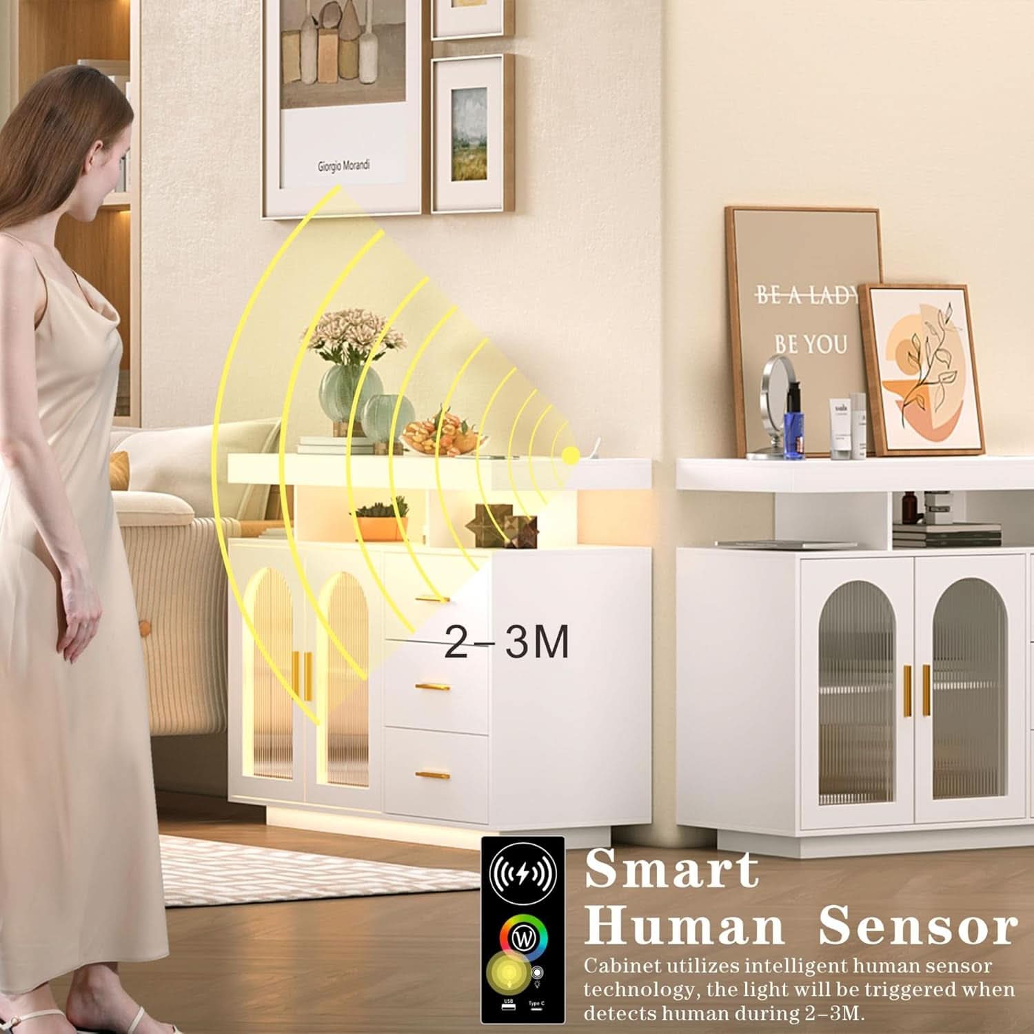 White Sideboard Buffet Cabinet With Charging Station