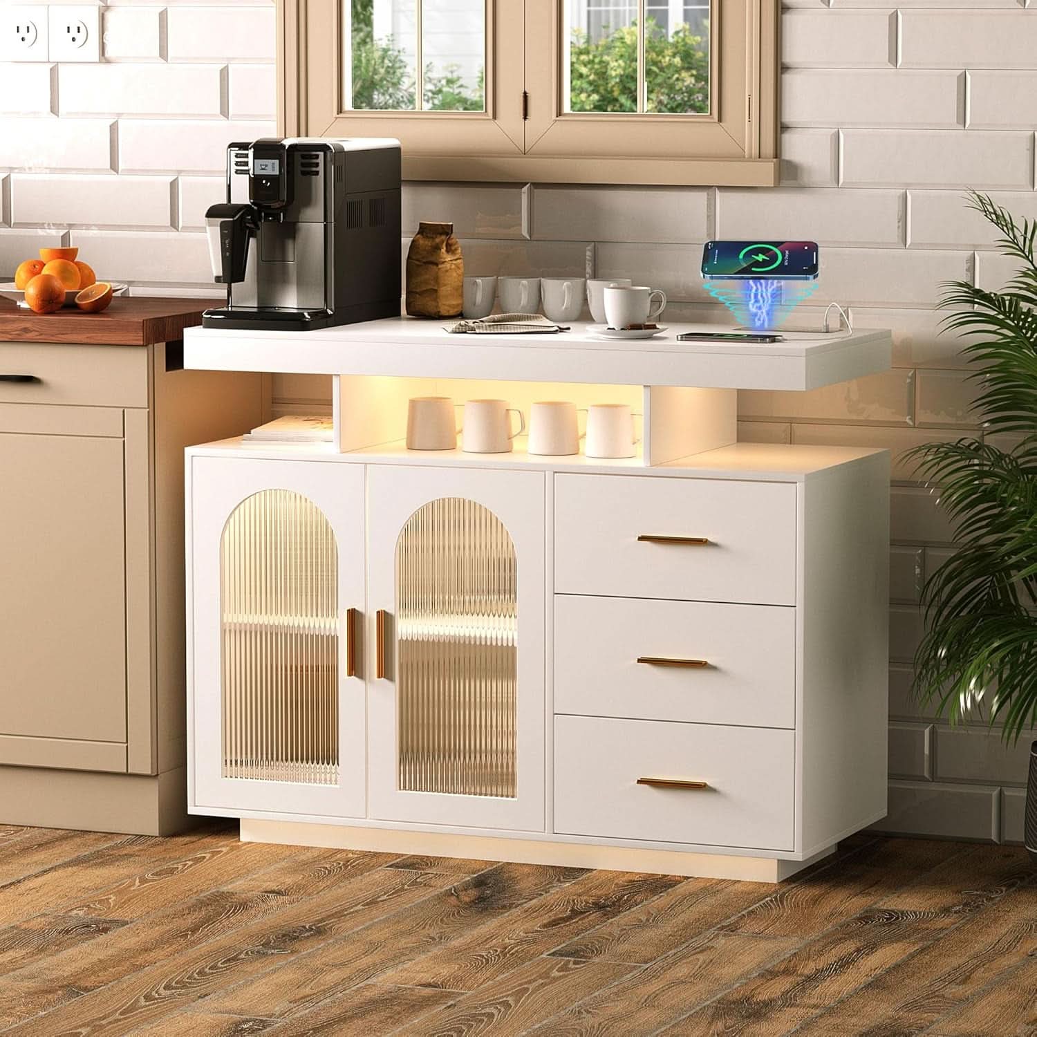 White Sideboard Buffet Cabinet With Charging Station