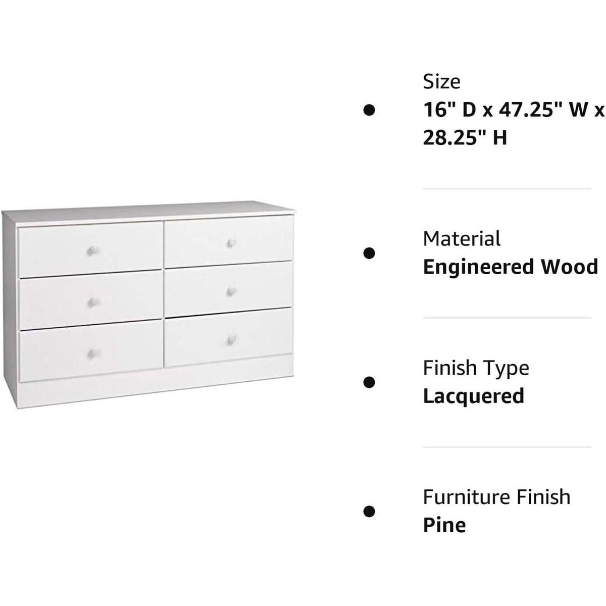 White Six Drawer Double Dresser For Bedroom Storage