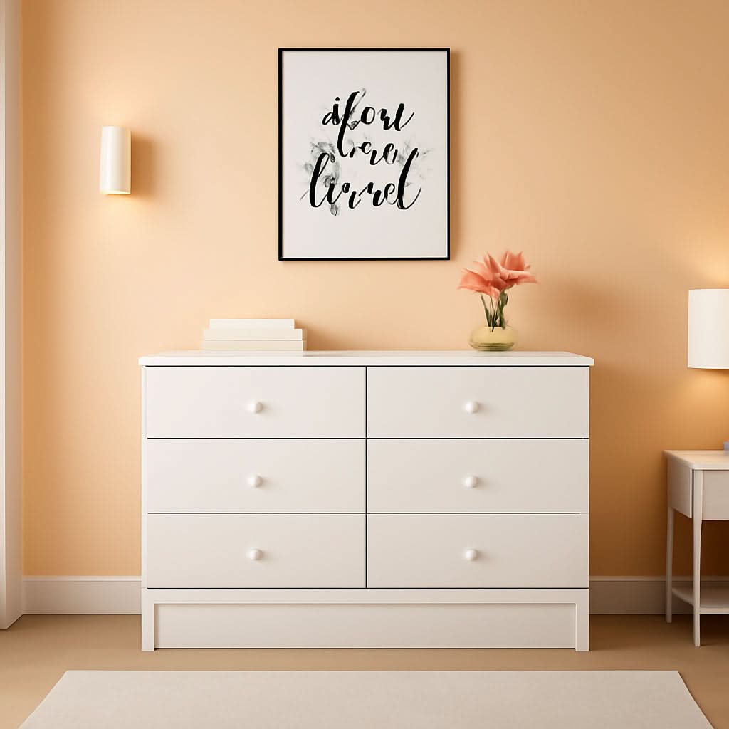 White Six Drawer Double Dresser For Bedroom Storage