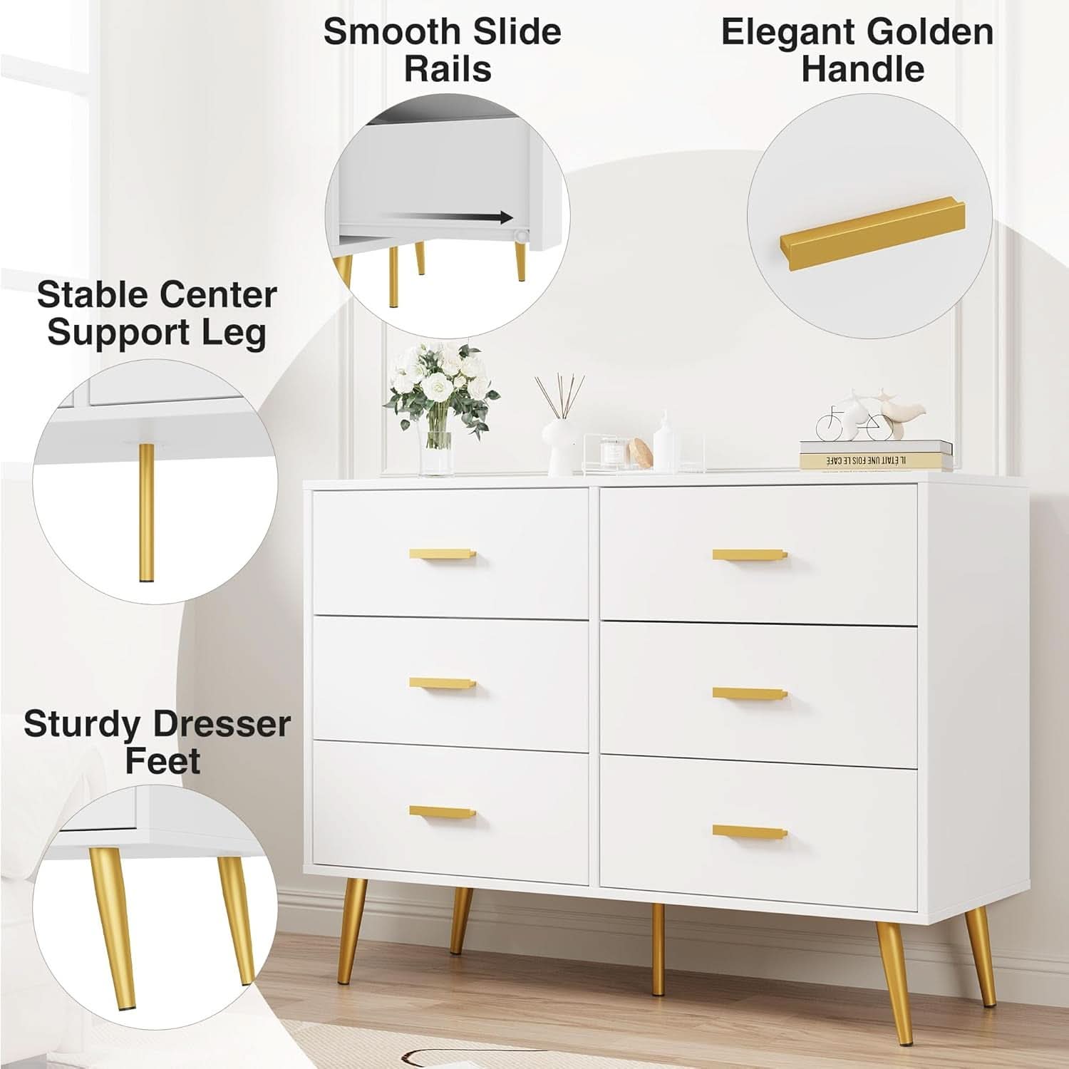 White Six Drawer Dresser Featuring Goldtone Handles