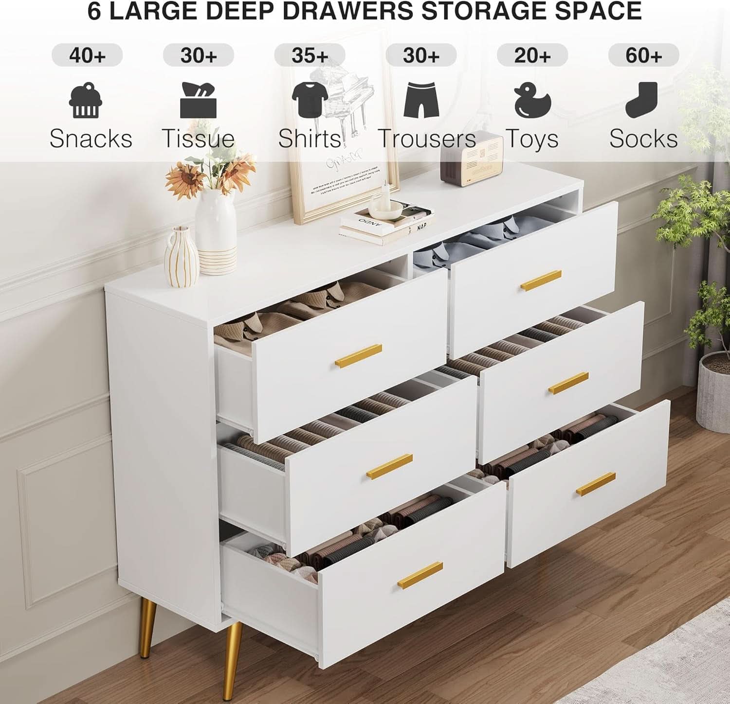 White Six Drawer Dresser Featuring Goldtone Handles