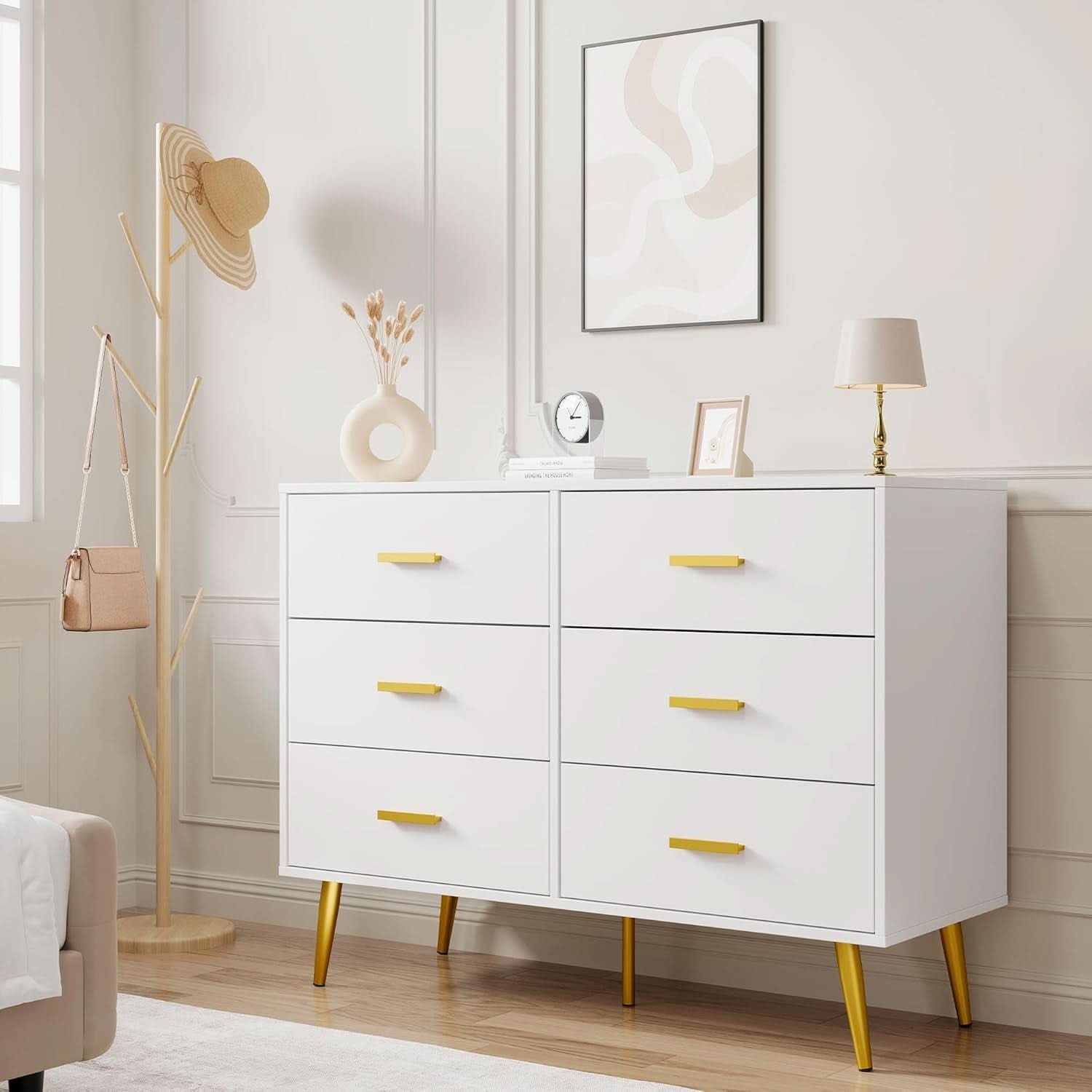White Six Drawer Dresser Featuring Goldtone Handles