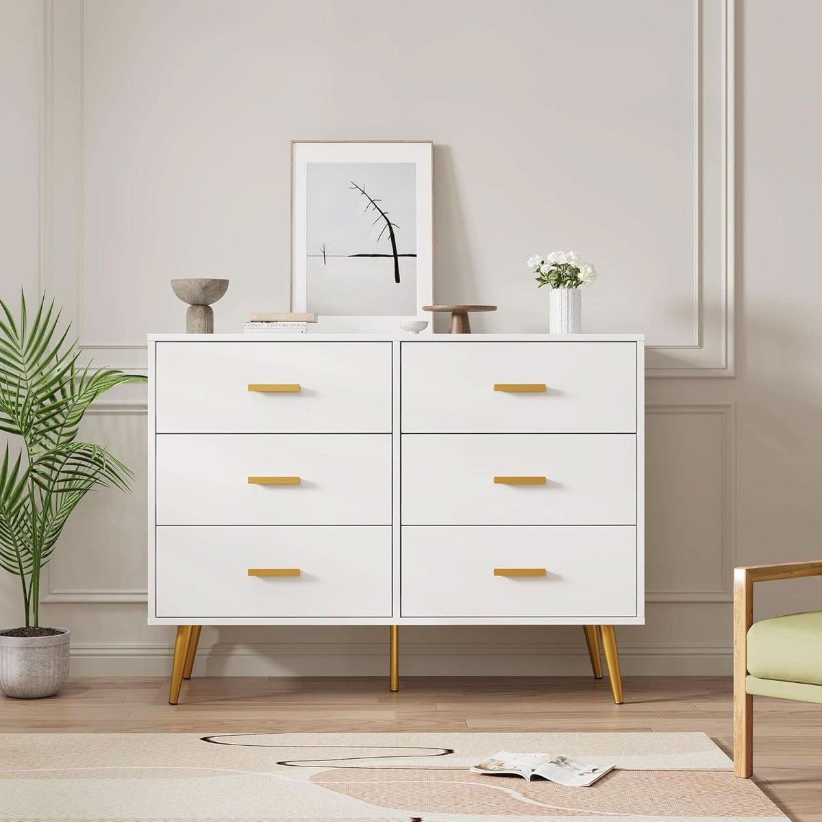 White Six Drawer Dresser Featuring Goldtone Handles
