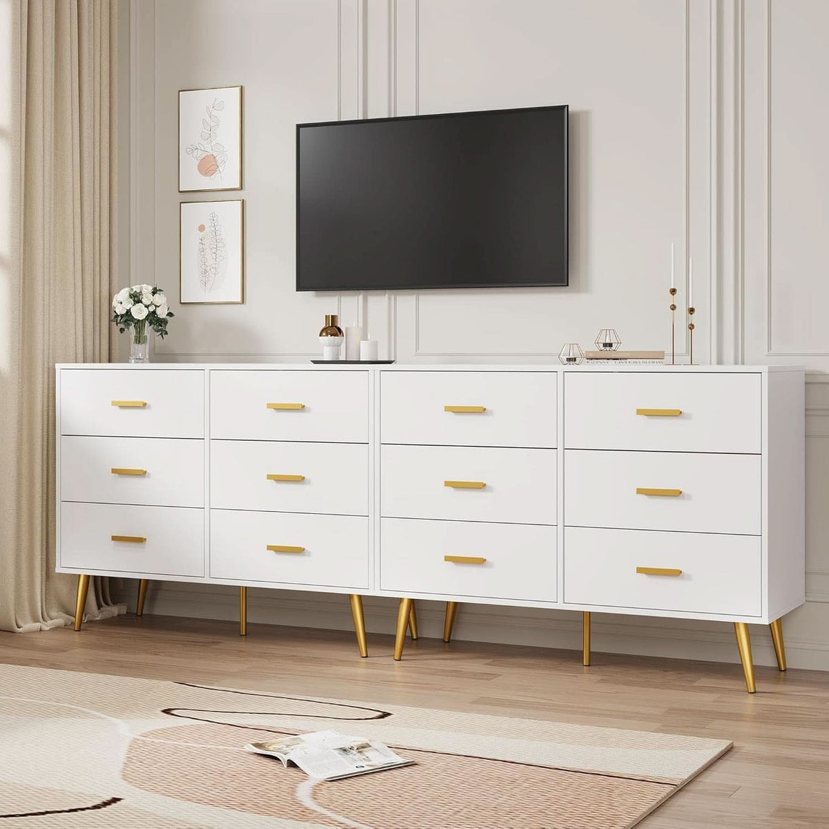 White Six Drawer Dresser Featuring Goldtone Handles