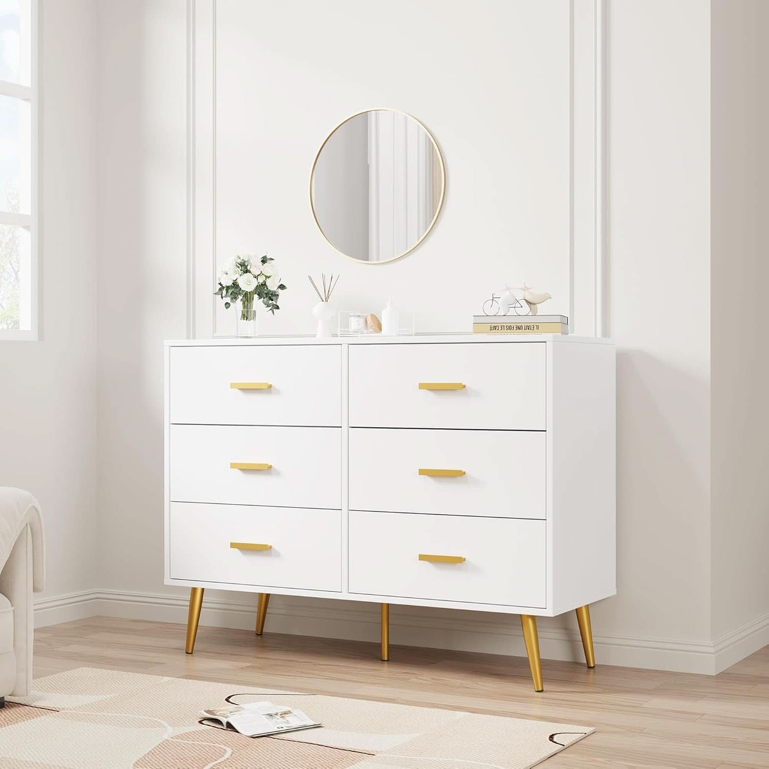 White Six Drawer Dresser Featuring Goldtone Handles
