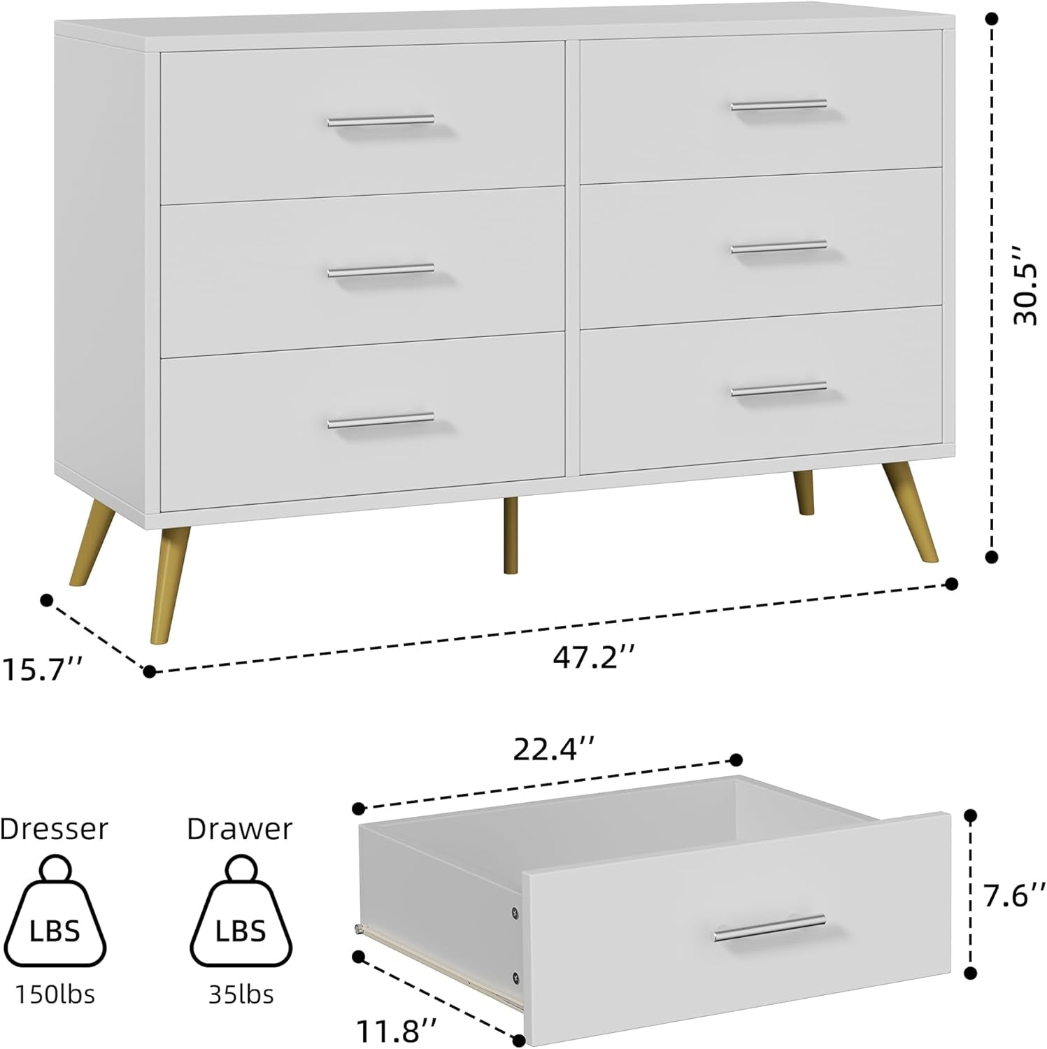 White Six Drawer Dresser For Bedroom Home Organization