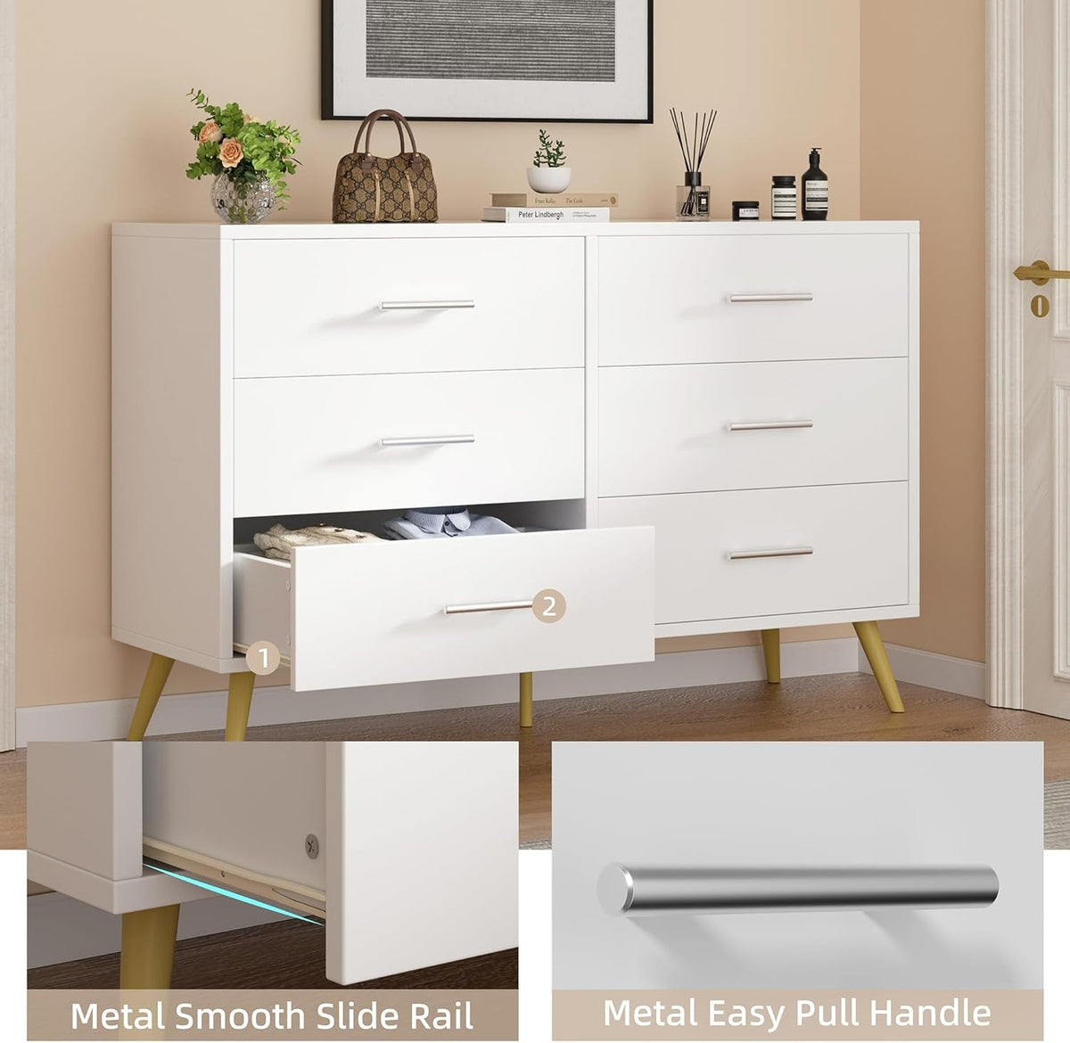 White Six Drawer Dresser For Bedroom Home Organization