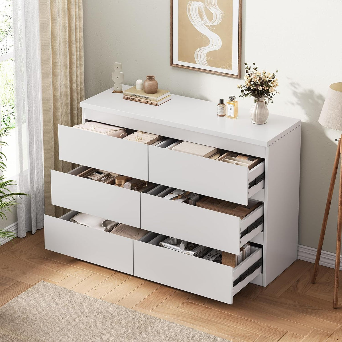 White Six Drawer Dresser For Bedroom Storage Organizing