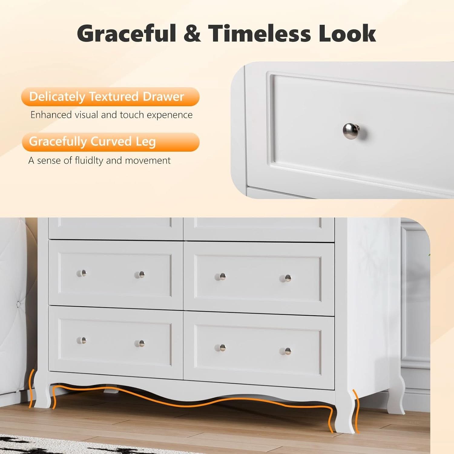 White Six Drawer Dresser Grooved Front ContouredProfile