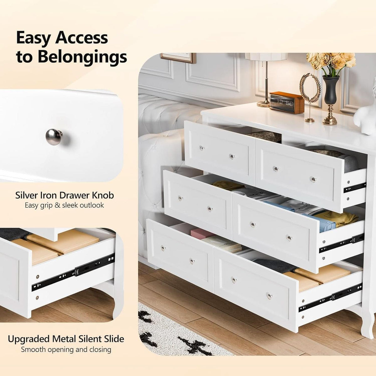 White Six Drawer Dresser Grooved Front ContouredProfile