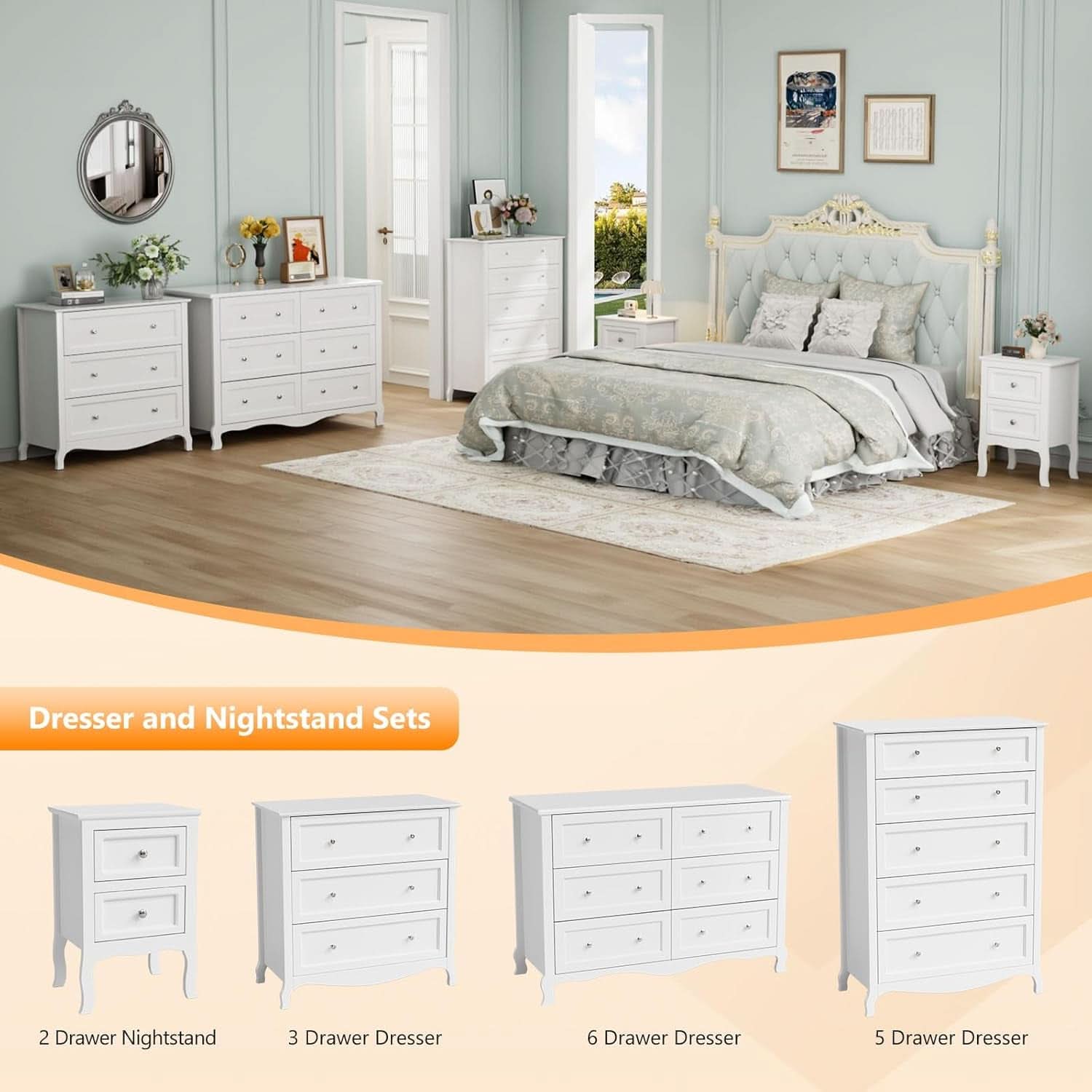 White Six Drawer Dresser Grooved Front ContouredProfile
