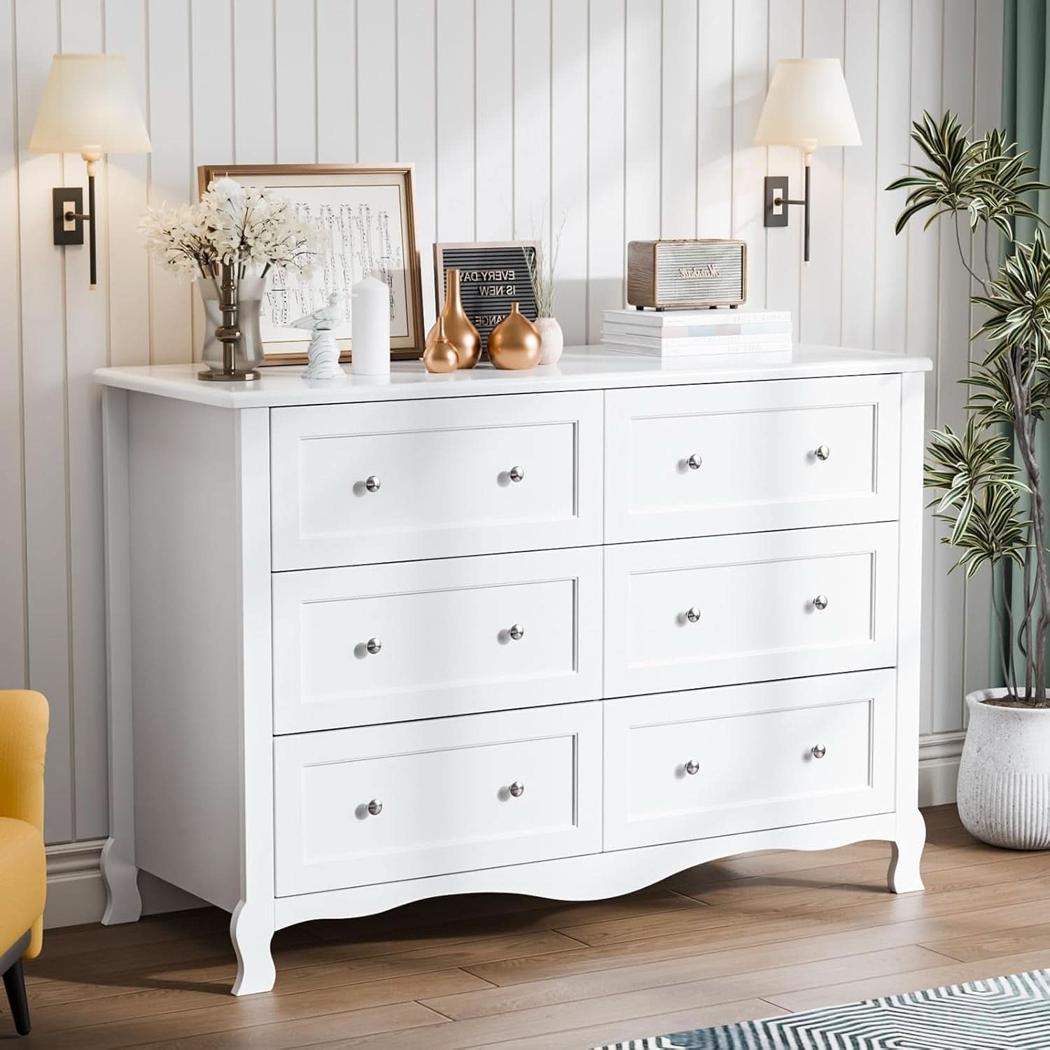 White Six Drawer Dresser Grooved Front ContouredProfile