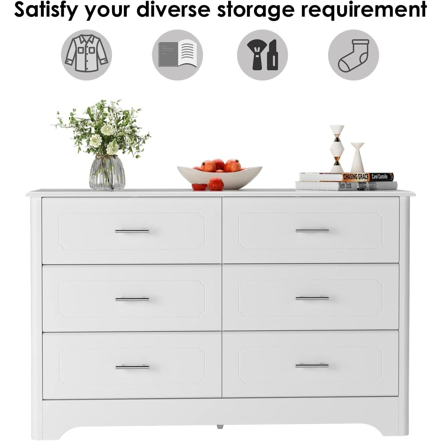 White Six Drawer Dresser With Metal Handles And Sleek Finish