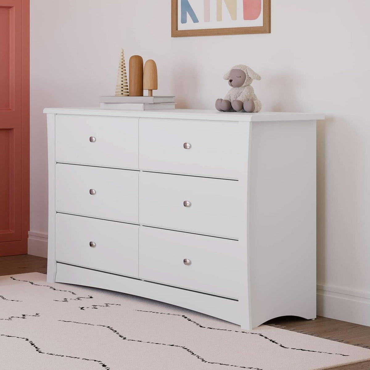 White Six Drawer Dresser for Kids With Safety Restraint Kit