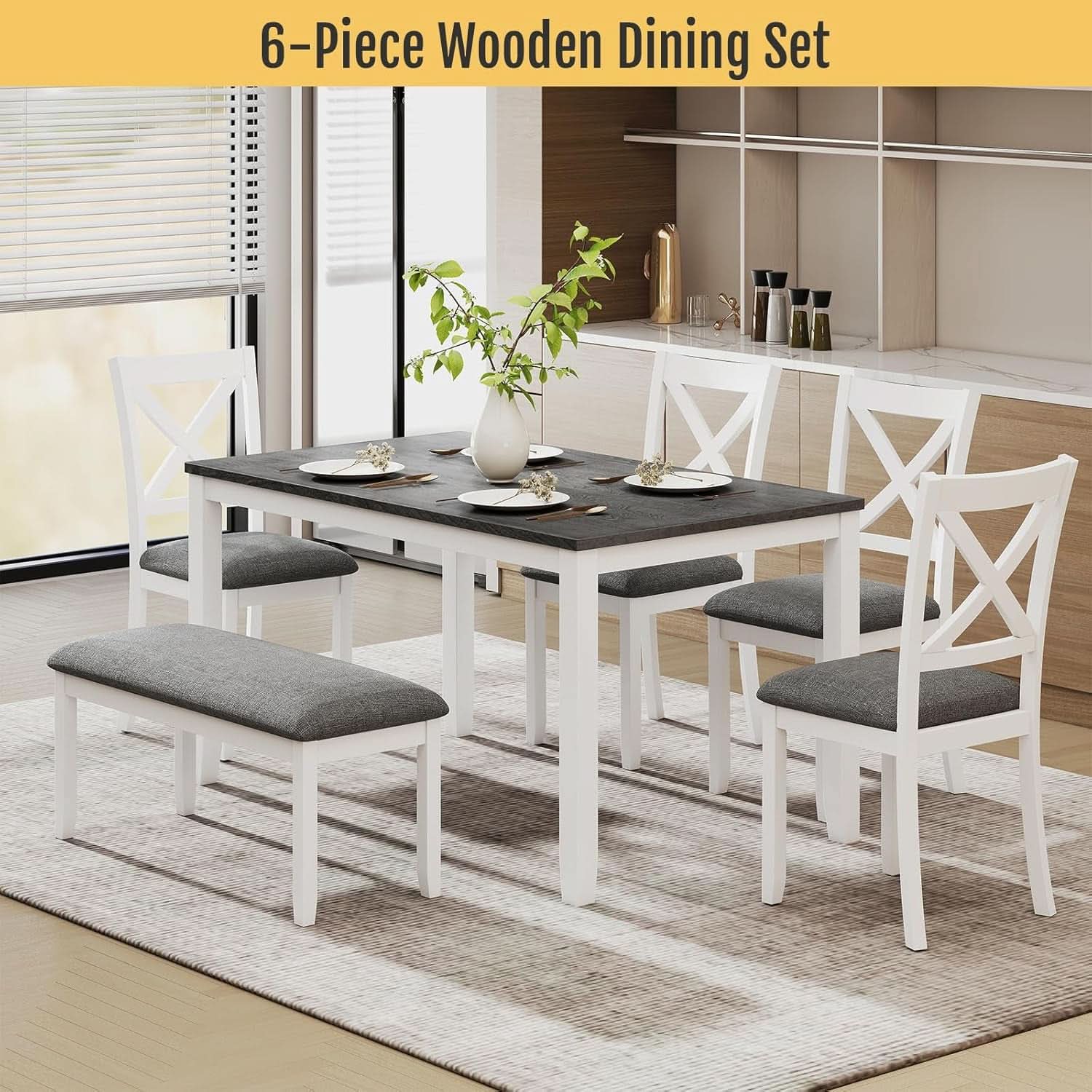 White Slate Grey Solid Wood Contemporary Dining Table Six Seater