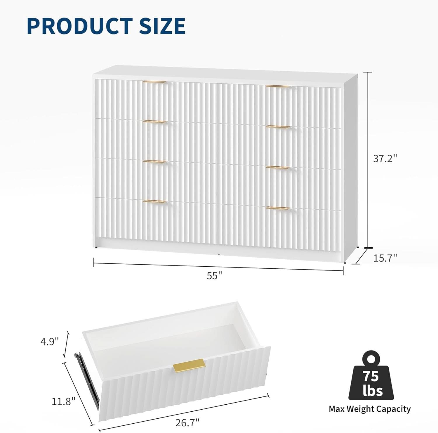 White Solid Maple Dresser Anti Tip LargeCapacityDrawers