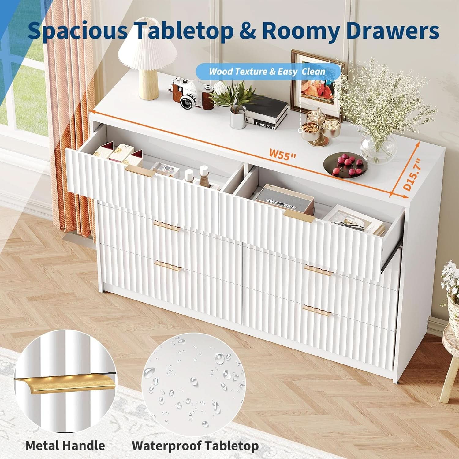 White Solid Maple Dresser Anti Tip LargeCapacityDrawers