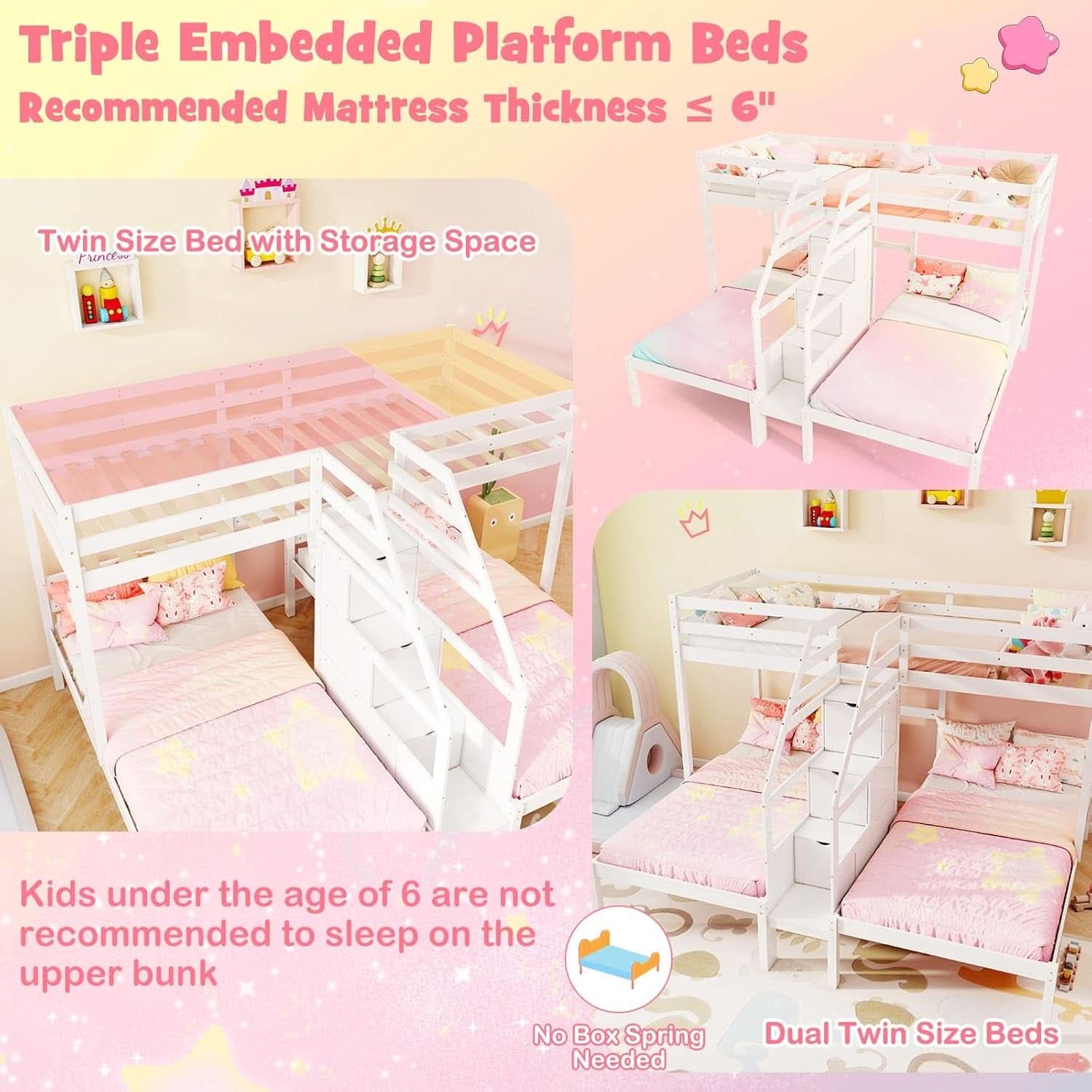 White Solid Wood Triple Bunk Bed With Storage Stair