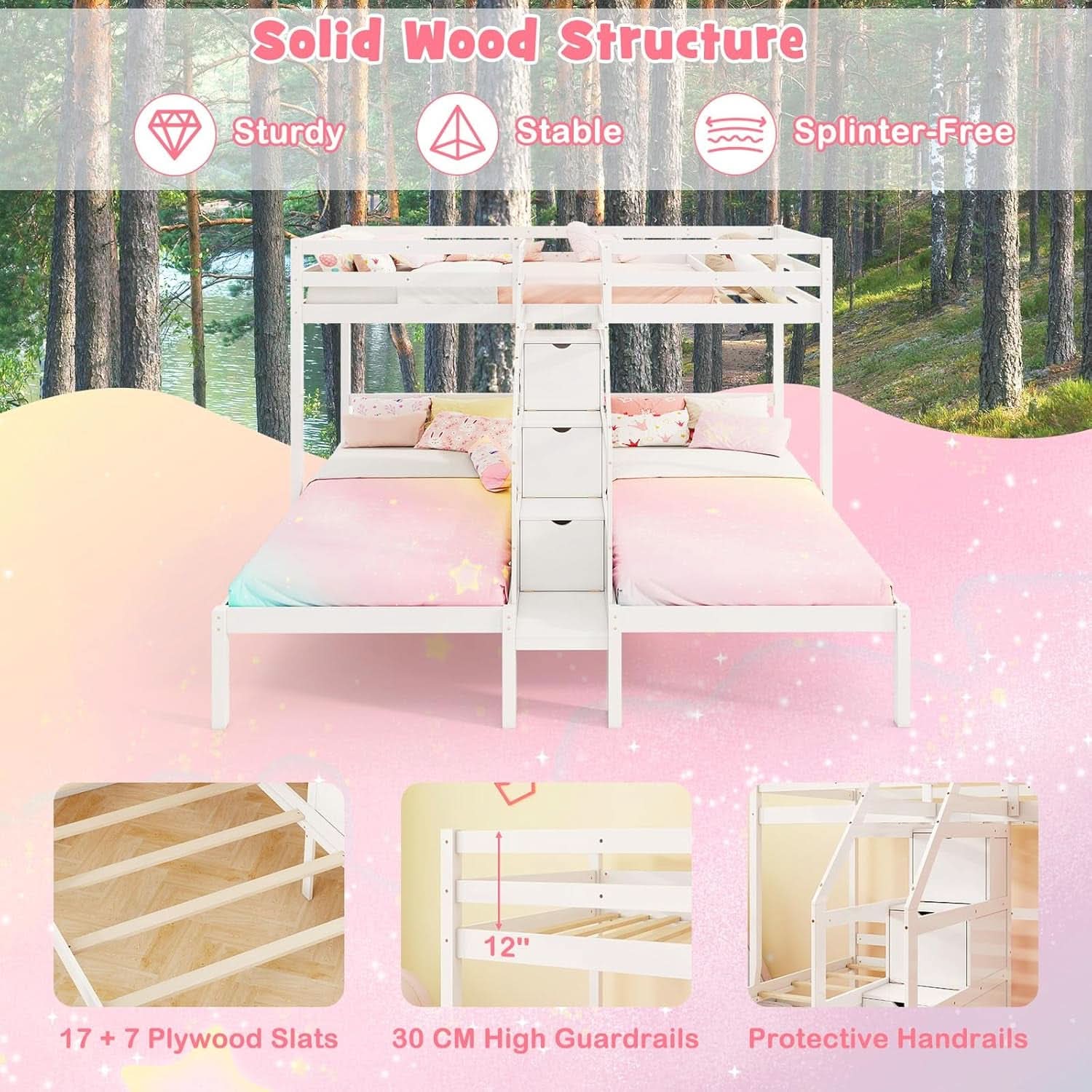 White Solid Wood Triple Bunk Bed With Storage Stair