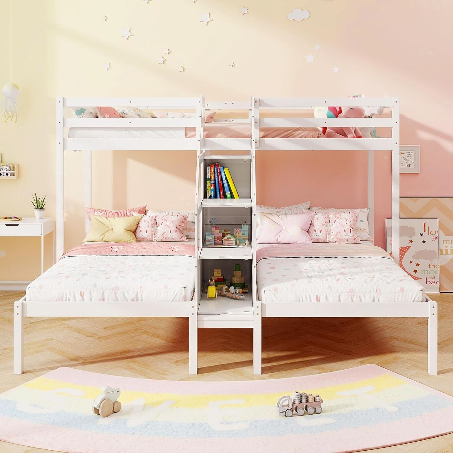 White Solid Wood Triple Bunk Bed With Storage Stair